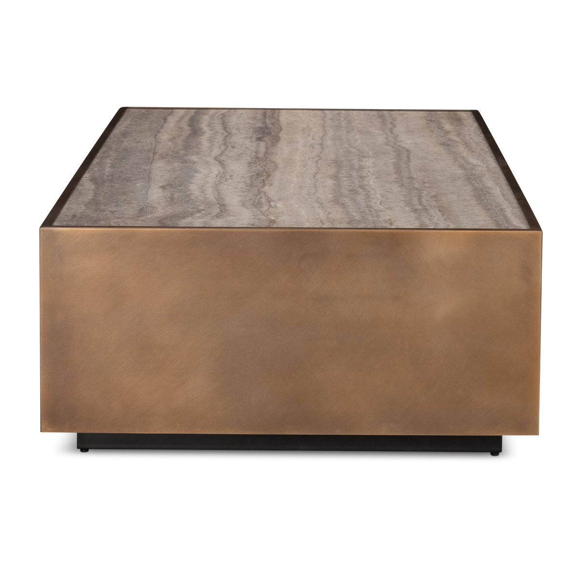 Side view of the Pedra Rectangular Coffee Table in Aged Bronze, showing the grey and cream wavy bands of the taupe travertine top and the recessed base with its small dark feet.