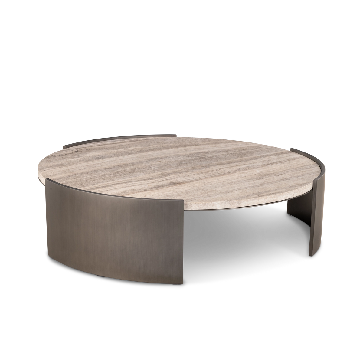Beam Coffee Table in an angled view in Aged Pewter metal, highlighting the cream travertine top with linear veining and the curved panels rising just above its edge.