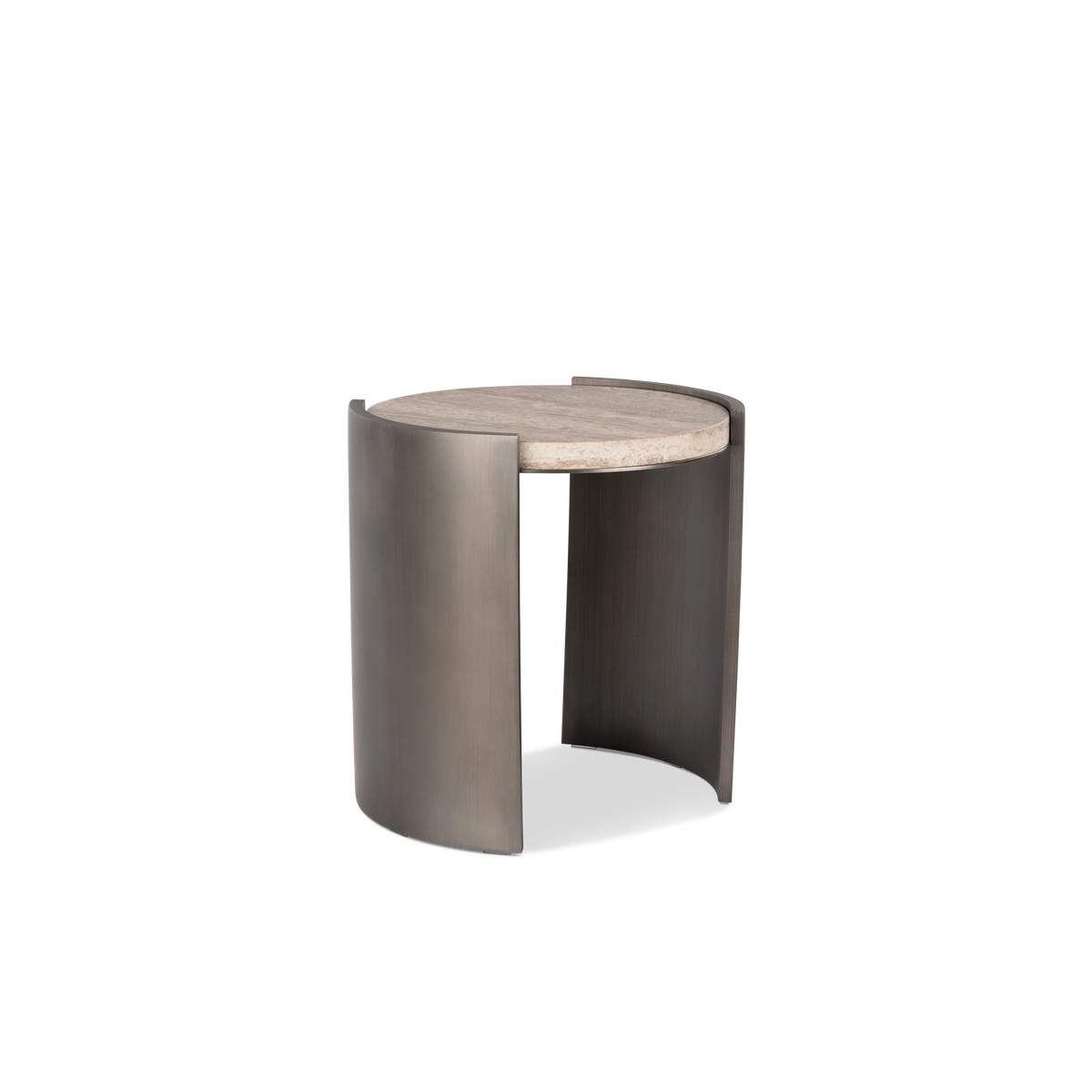Beam Side Table in an angled view in aged pewter brushed metal and taupe travertine, highlighting the curved panels, the round stone top and the open space between them.
