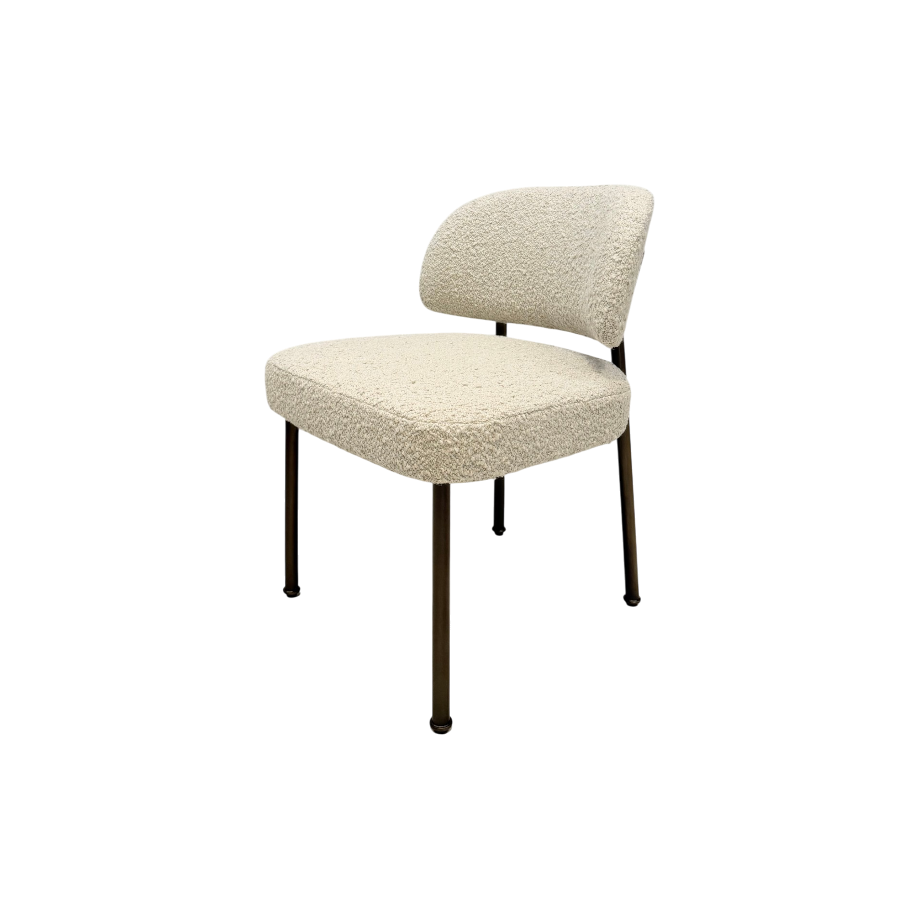 A modern dining chair with a textured bouclé upholstered seat and curved backrest, supported by slim dark metal legs, shown against a plain white background.