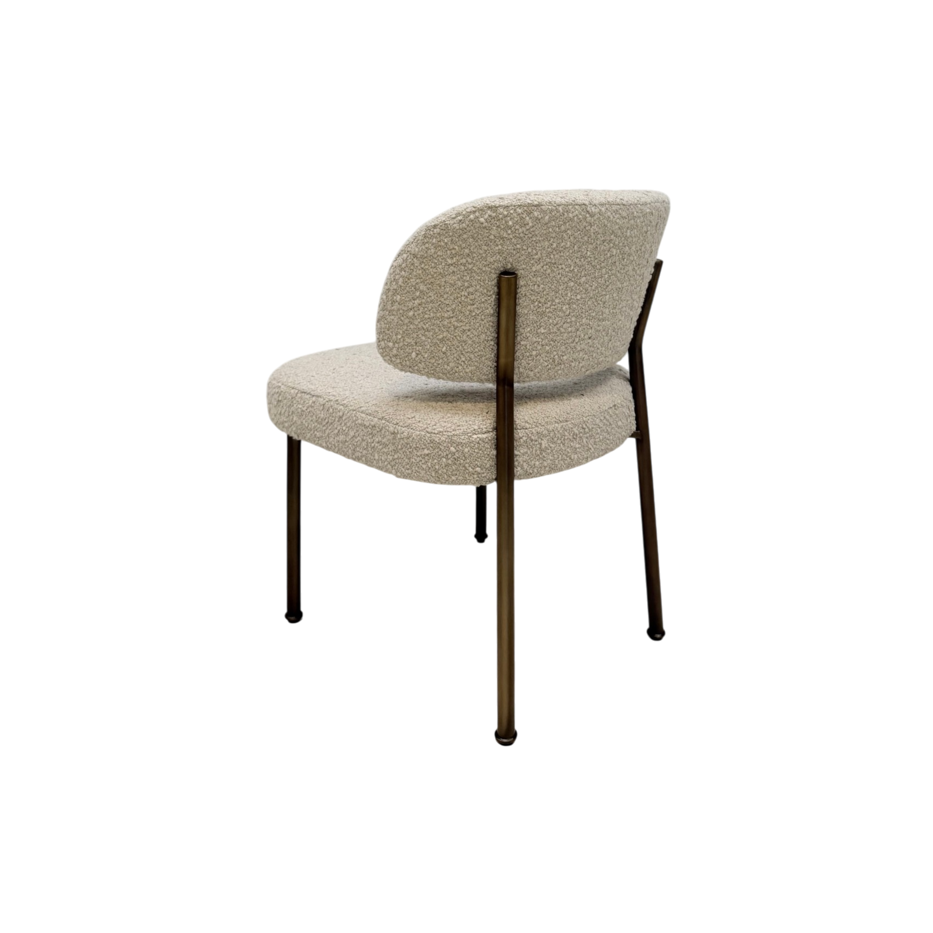 A modern dining chair with a textured bouclé upholstered seat and curved backrest, supported by slim dark metal legs, shown from a three-quarters angle on a white background.