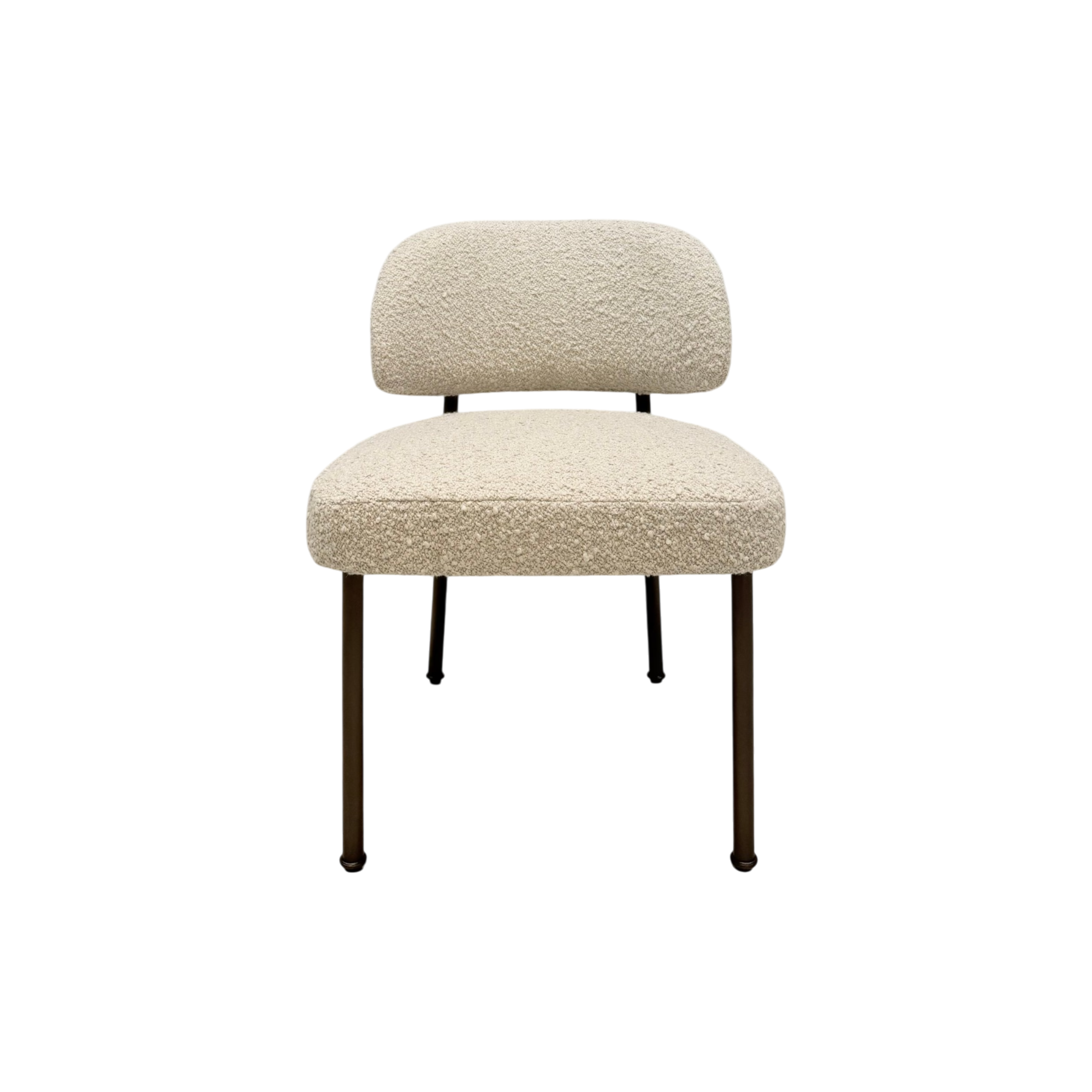A modern accent chair with a textured cream bouclé upholstered seat and curved backrest, supported by slim dark metal legs, shown against a plain white background.