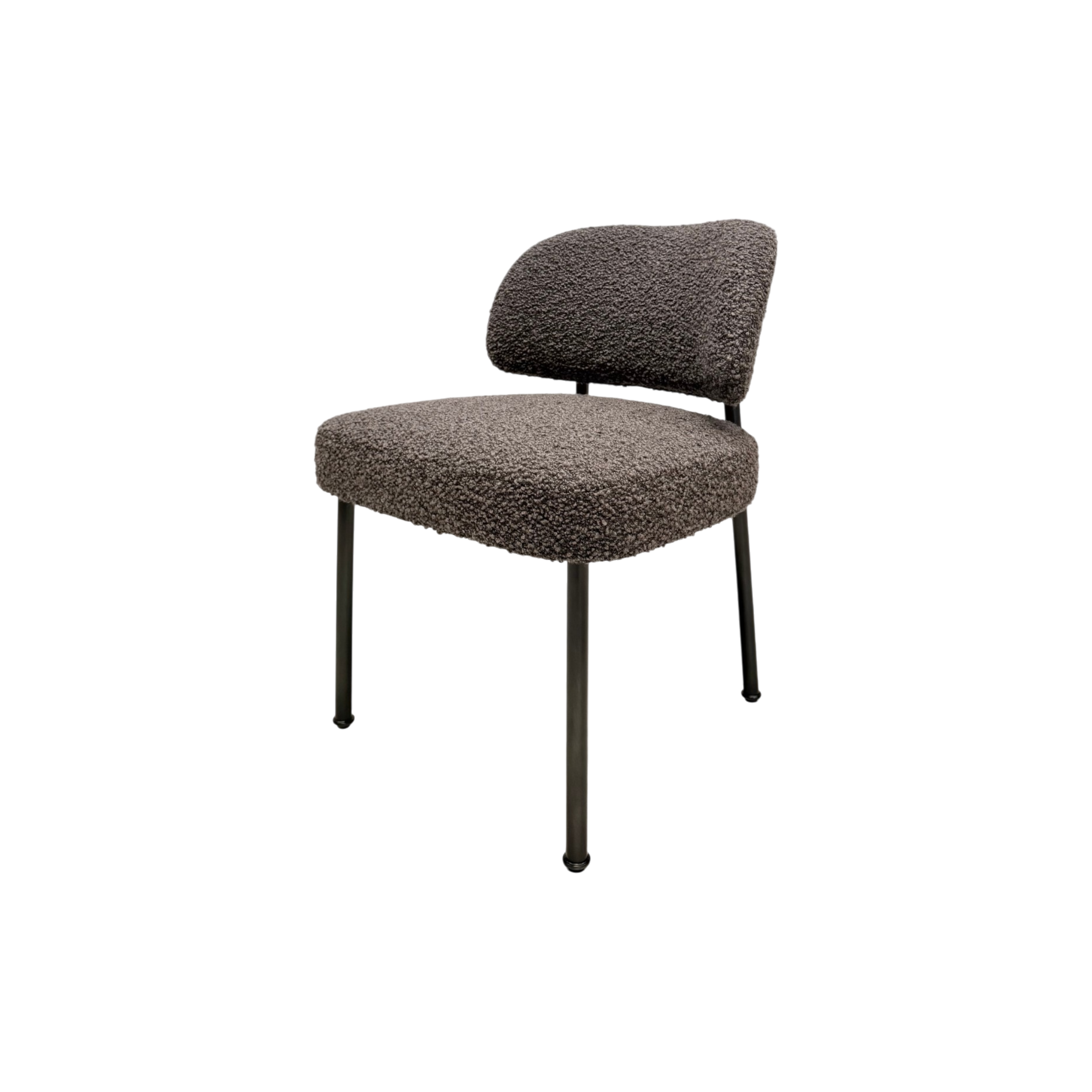 A modern accent chair with a textured, boucle-style upholstered seat and curved backrest, supported by slim black metal legs, shown against a plain white background.