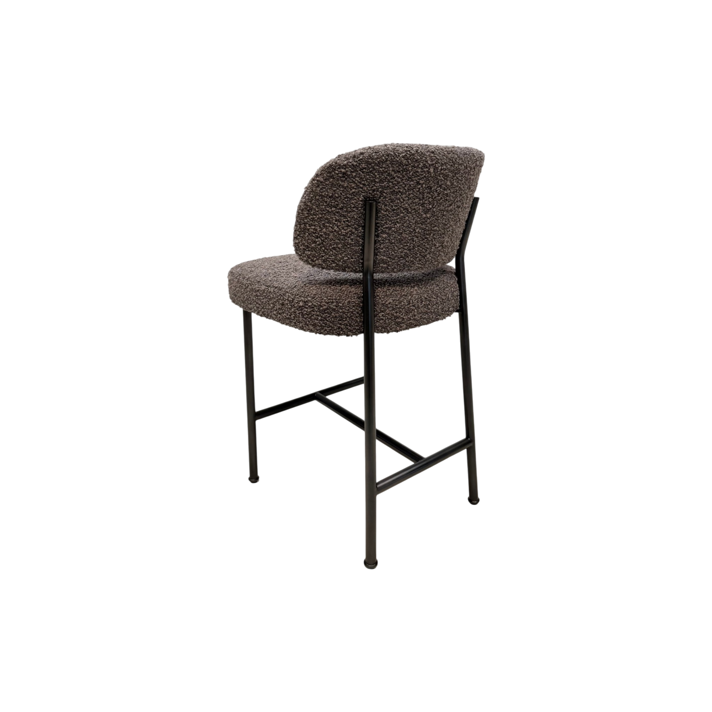 A modern bar stool with a textured, boucle-style upholstered seat and curved backrest in a dark brownish-gray color, supported by a slim black metal frame with a footrest.
