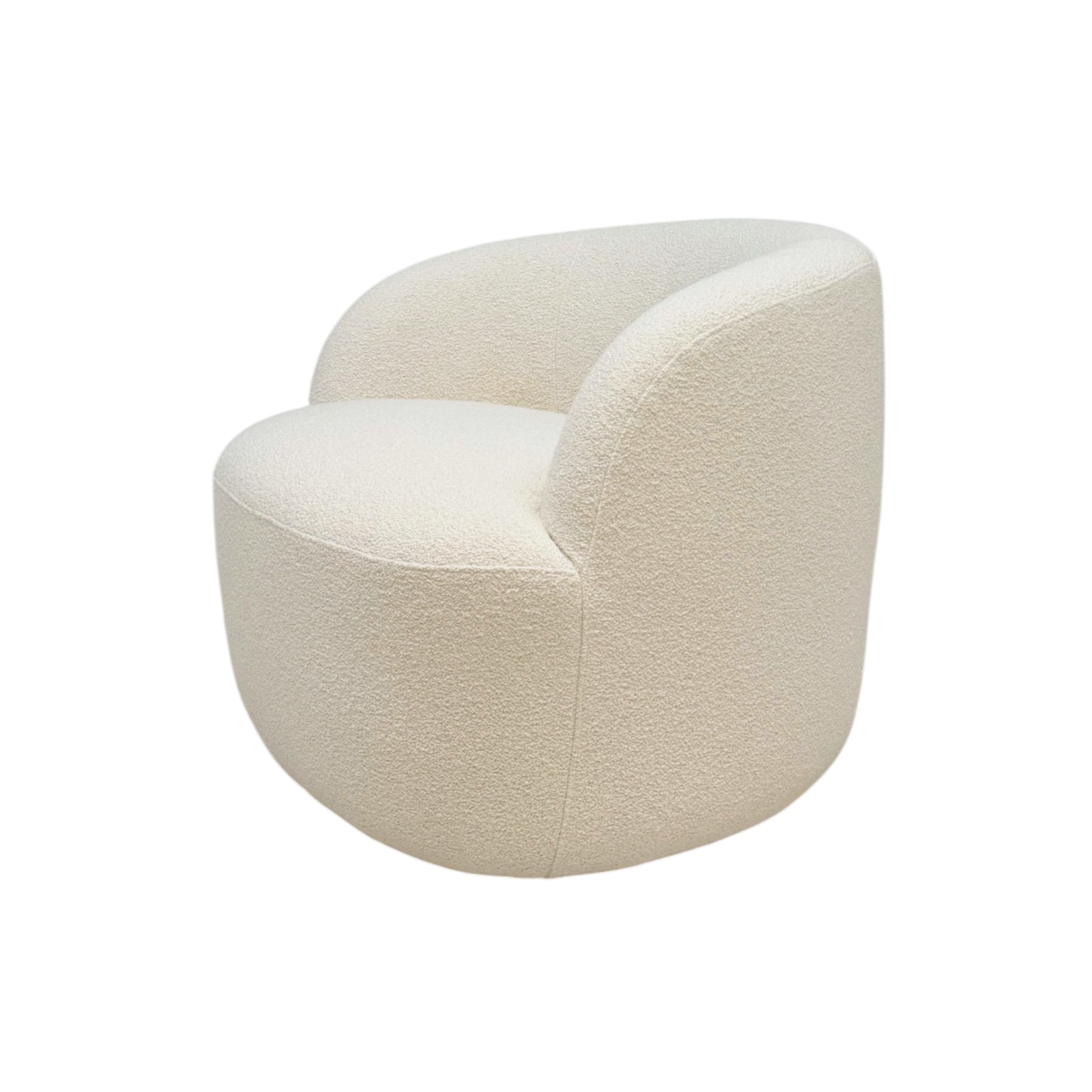 Angled front view of Arcus Swivel Chair showing its rounded seat, continuous curved back and Grey Oak upholstery.