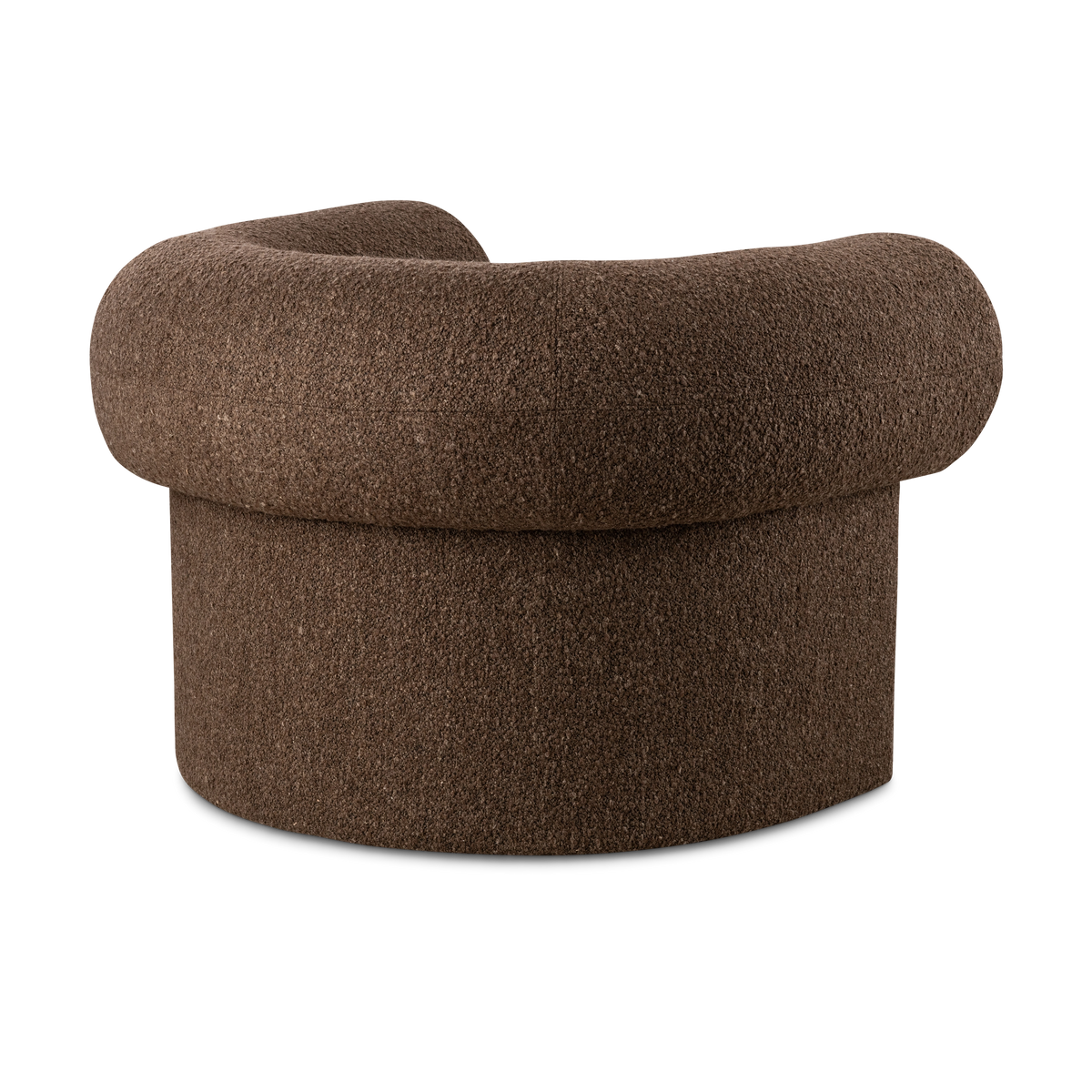 Embrace Lounge Chair angled from the back in Espresso bouclé, showing the smooth curved outer back, rolled top edge, and solid wraparound base.