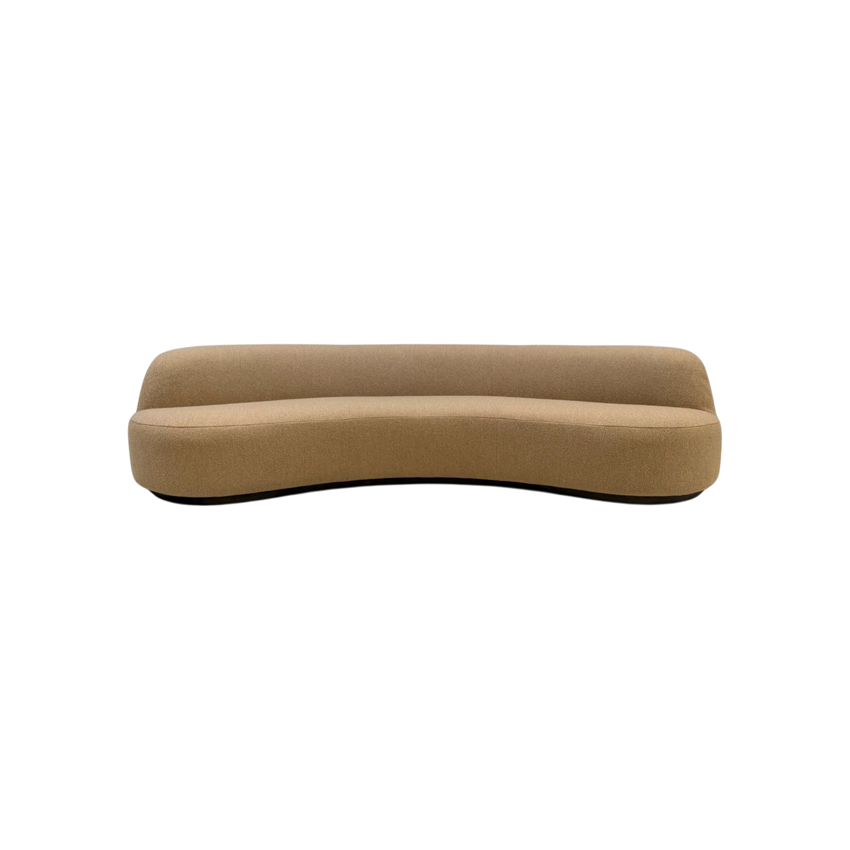 Rhine 120" Sofa in warm camel textured upholstery, front view showing the sweeping curved silhouette, continuous seat, and low oak plinth base.