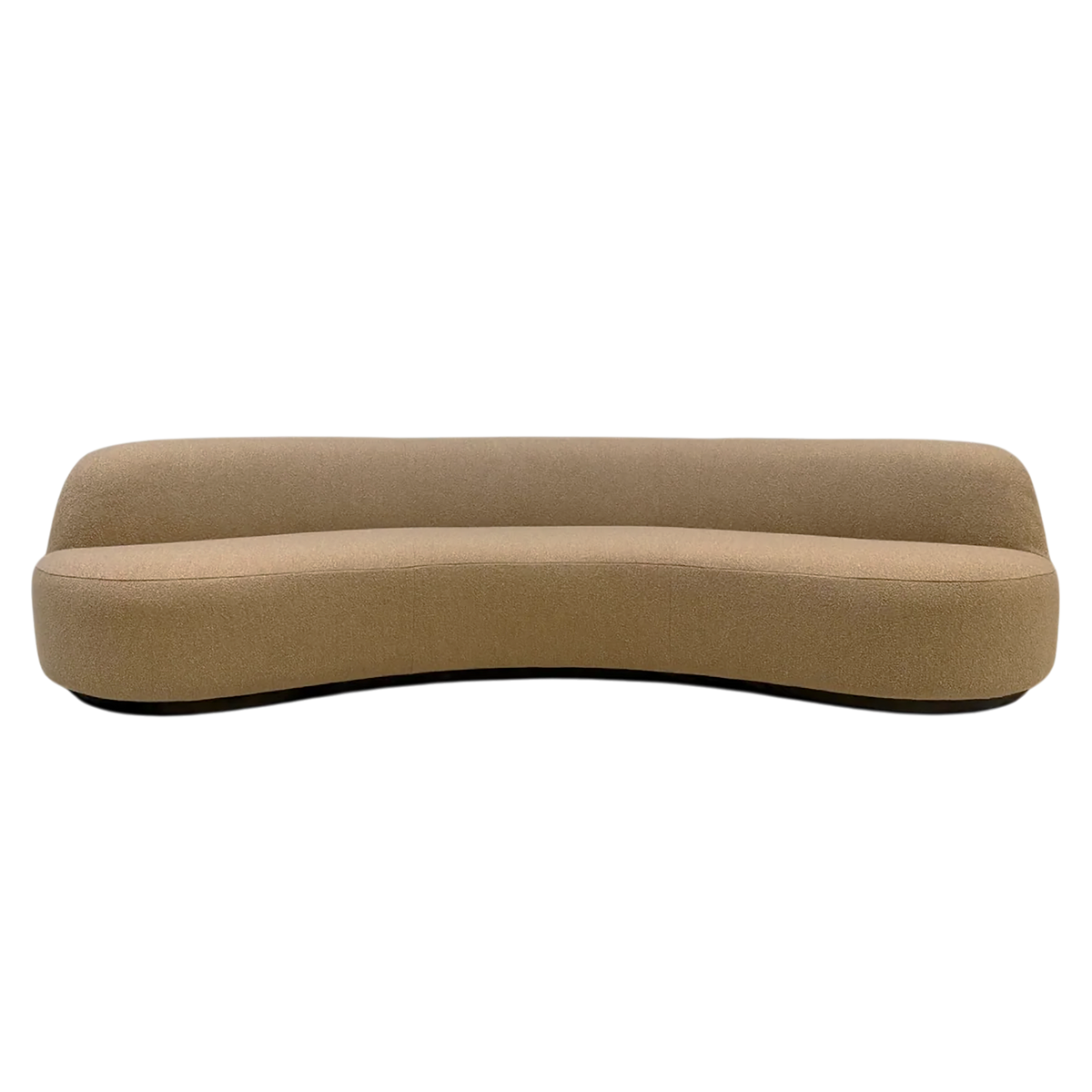 Rhine 120" Sofa in warm truffle bouclé, front view showing the sweeping curved silhouette, continuous seat with no cushion breaks, and low oak plinth base.