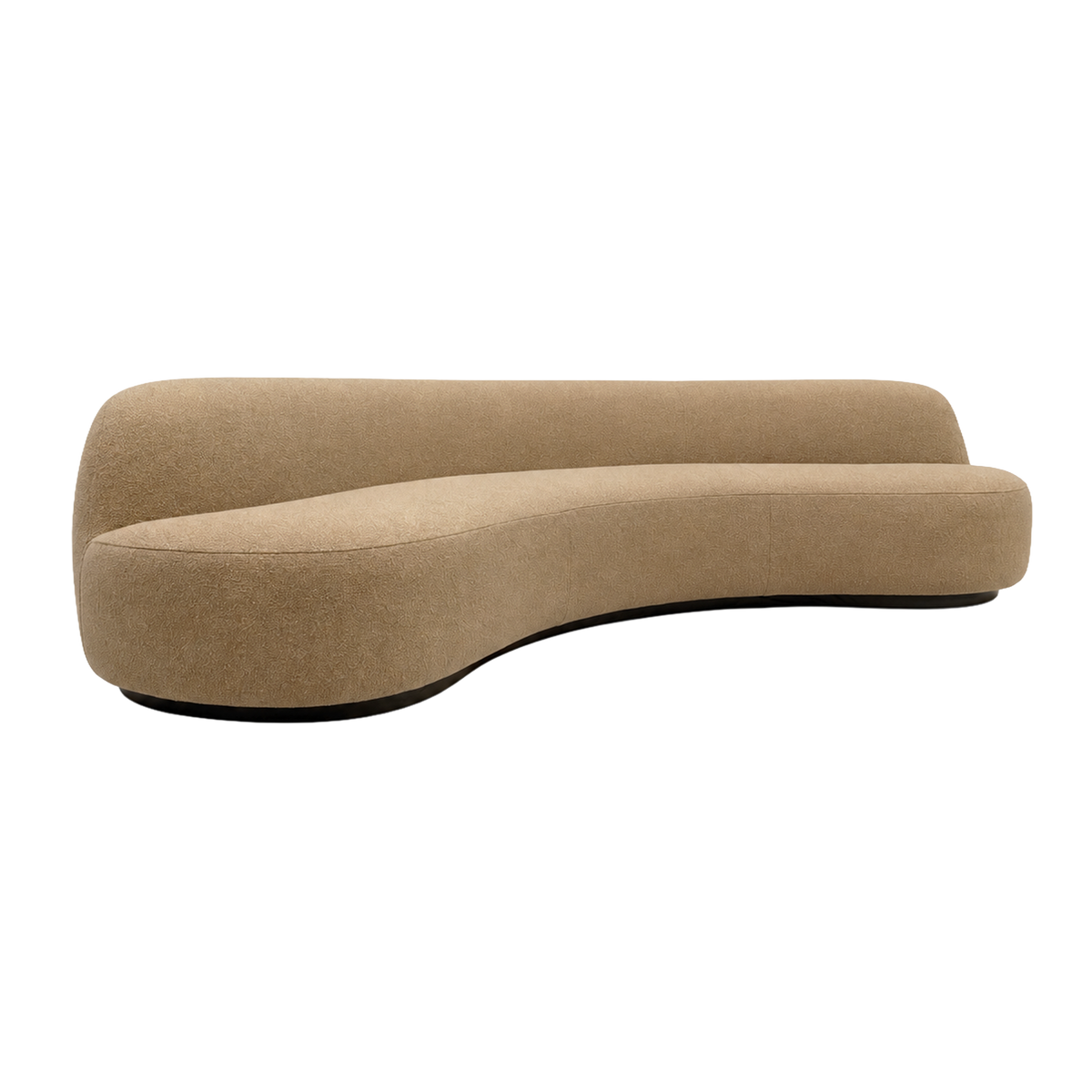 Rhine 120" Sofa in truffle bouclé upholstery, angled view highlighting the boomerang-shaped profile, sculpted continuous curve, and solid oak plinth base.