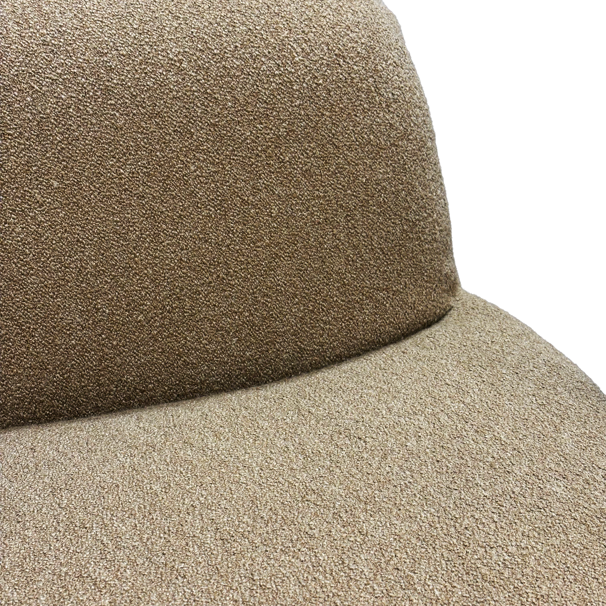 Rhine 120" Sofa close-up showing the truffle bouclé texture at the back-to-seat curve, with its nubby, heathered weave and clean seamless line.