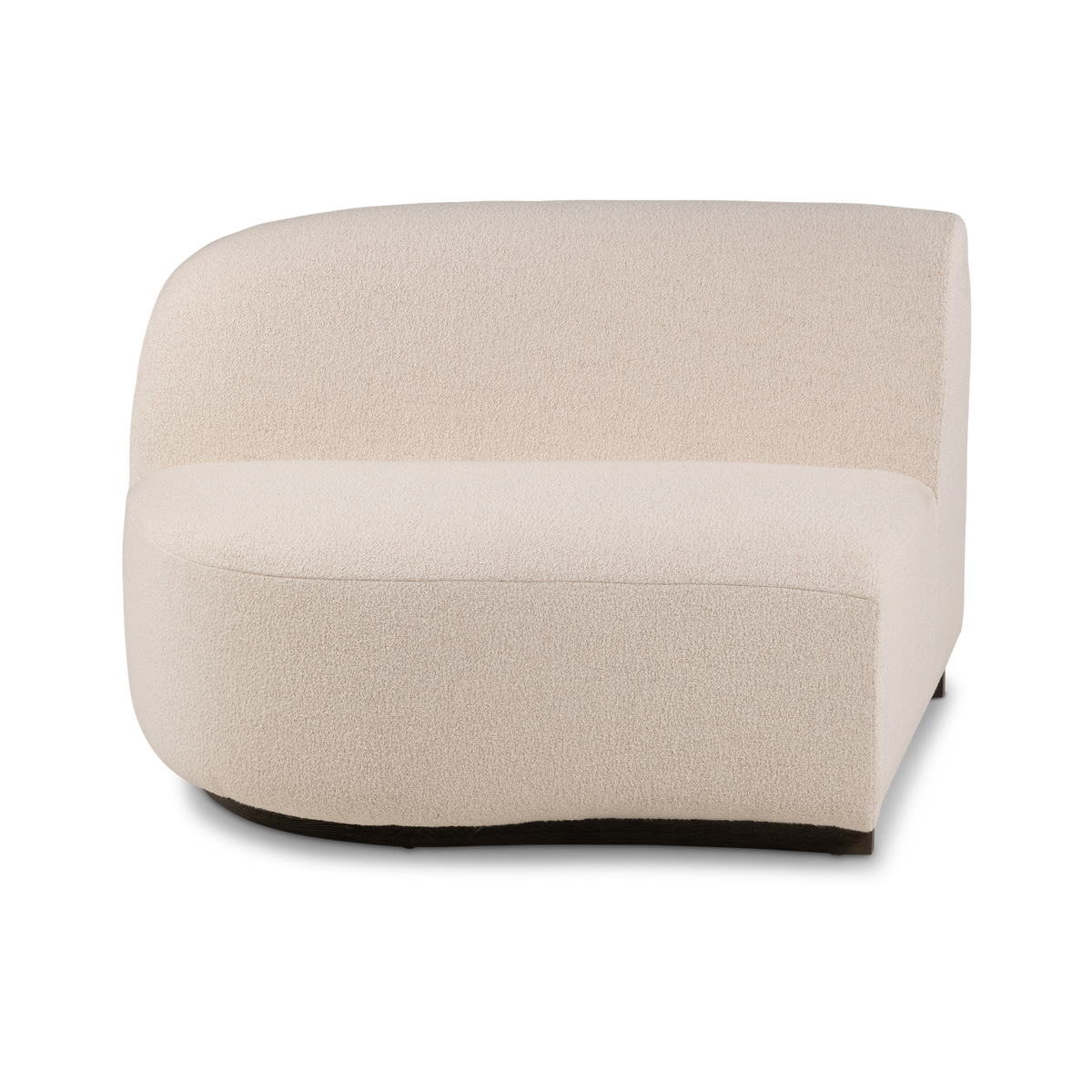 Rhine Modular LAF Chair shown from the front in cream bouclé upholstery, highlighting the rounded end, the wide deep seat, and the dark base curving along the bottom edge.