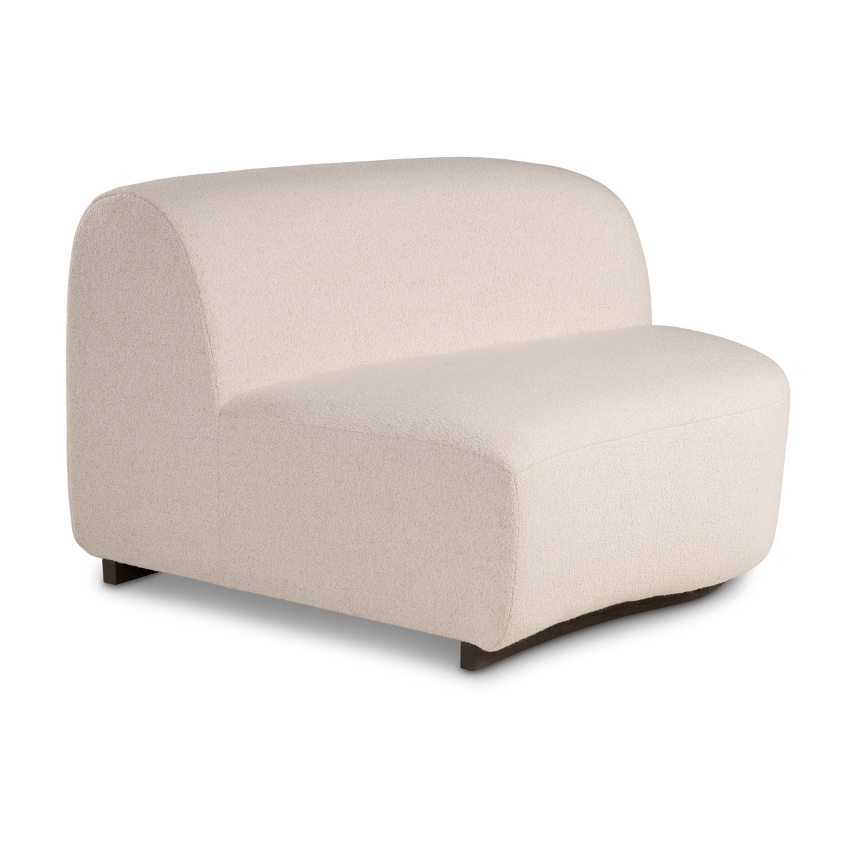 Angled view of the Rhine Modular RAF Chair in cream bouclé, showing the arched back, the smooth curved seat front, and the dark block feet beneath.