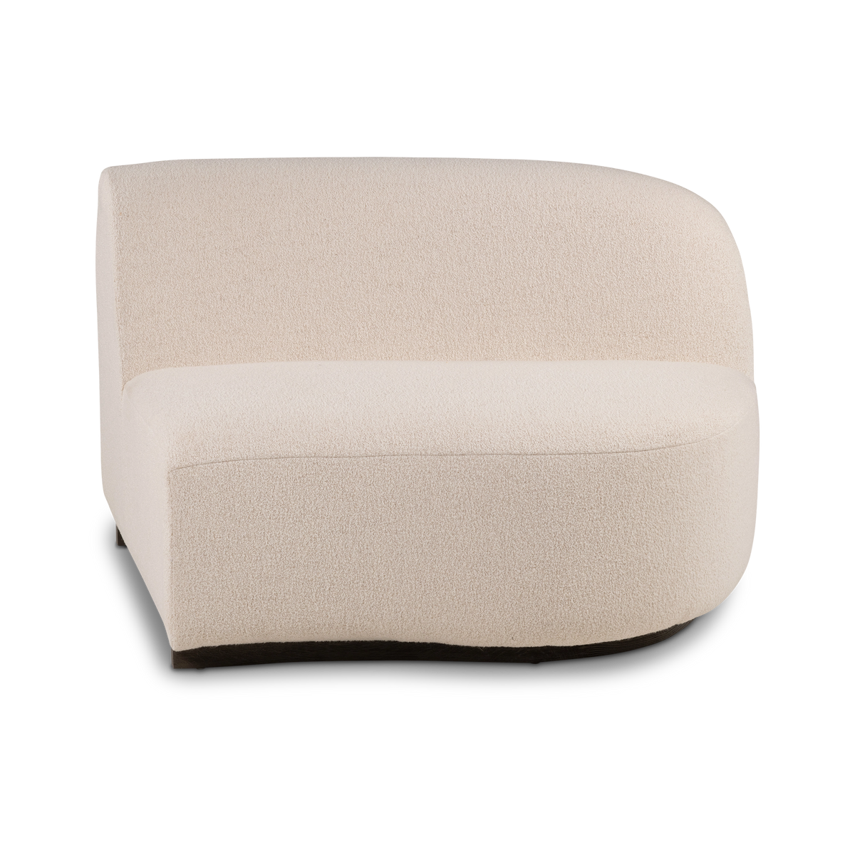 Rhine Modular RAF Chair shown from the front in cream bouclé upholstery, highlighting the rounded end, the wide deep seat, and the dark base curving along the bottom edge.
