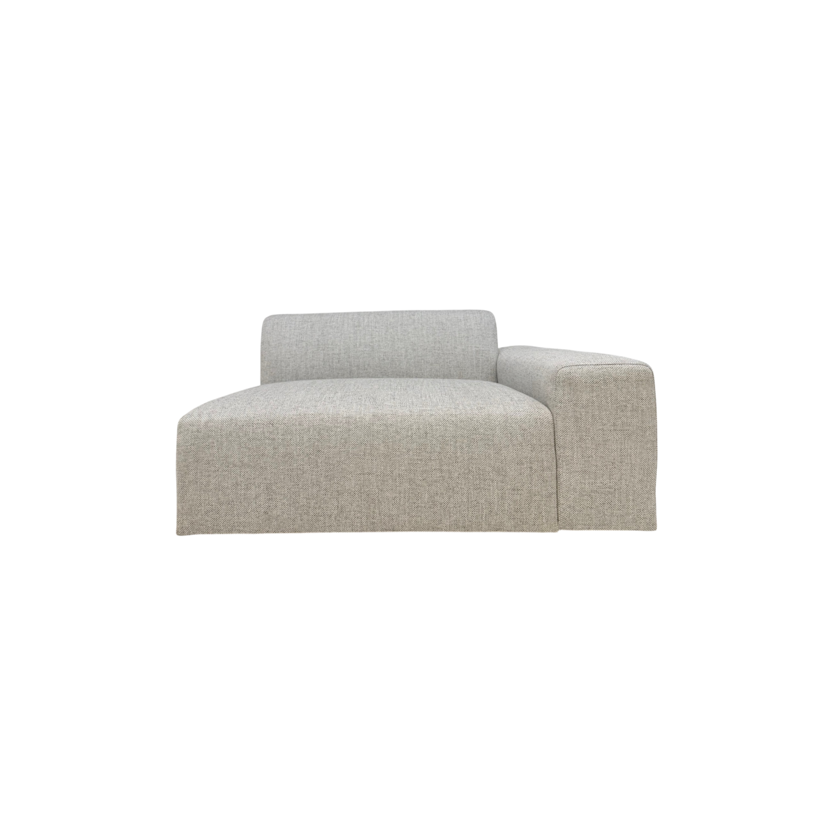 Vetro Bullnose RAF Chair in light grey woven fabric, front view highlighting the broad open seat, low back, right-side arm, and rounded bullnose edge.