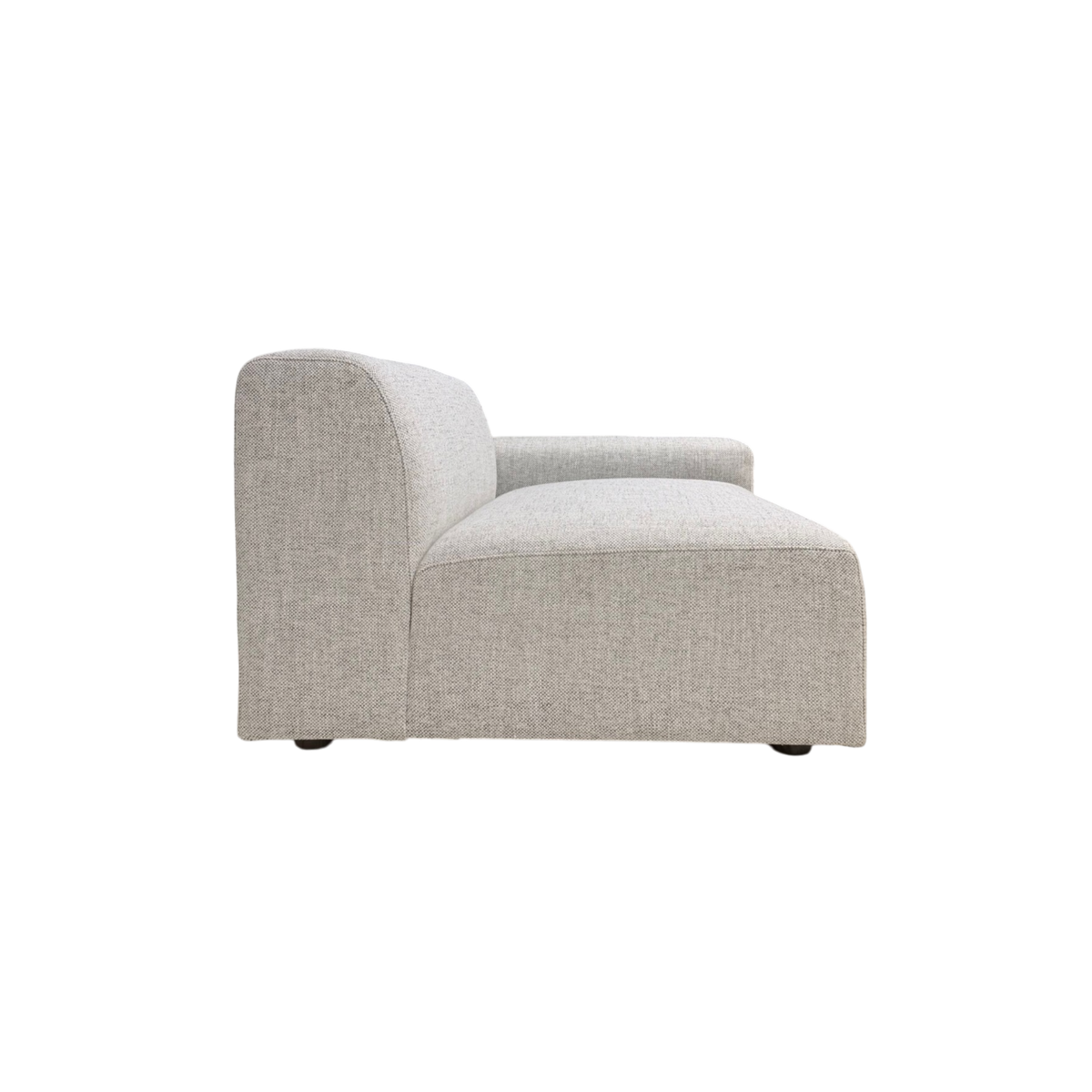 Vetro Bullnose RAF Chair in light woven grey upholstery, side view showing the low profile, wide seat, rounded back, and single right arm.