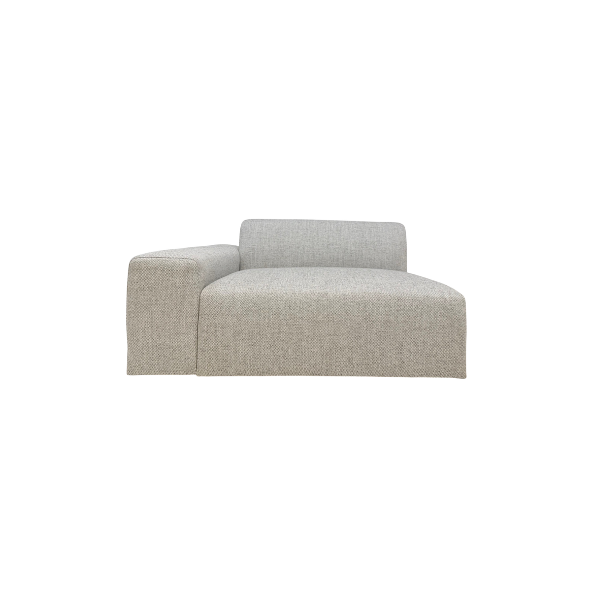 Vetro Bullnose LAF Chair in light woven grey upholstery, front view showing the broad open seat, low back, left arm, and rounded bullnose edge.