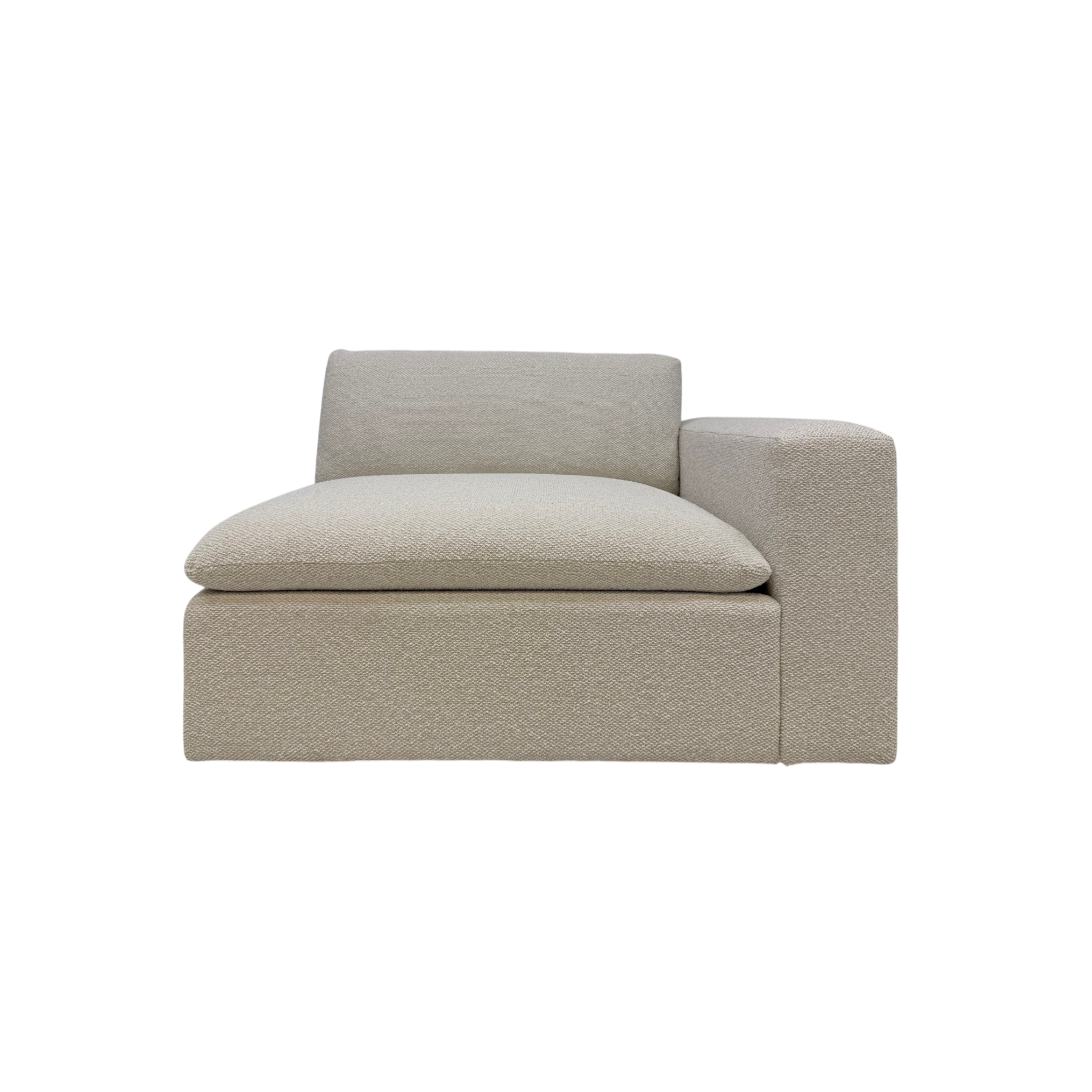 Tempo Modular RAF Chair front view with ivory textured upholstery, oversized loose seat and back cushions, and a low-profile right-arm-facing modular silhouette.