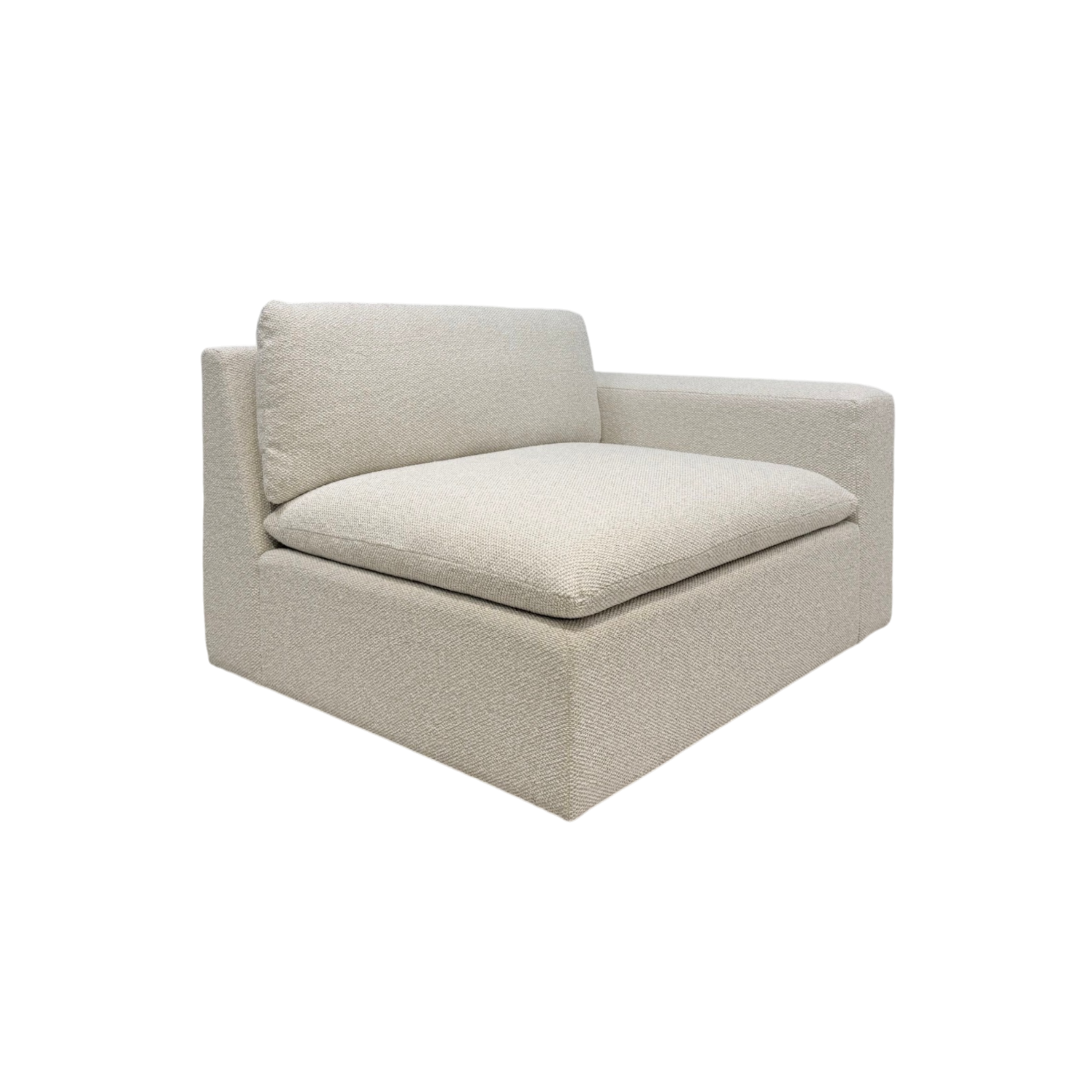 Tempo Modular RAF Chair in a three-quarter view with ivory textured upholstery, a generous oversized seat cushion, and a right-arm-facing modular design.