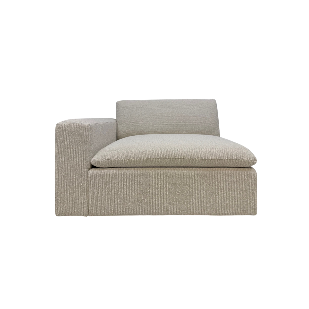 Tempo Modular LAF Chair front view featuring ivory textured upholstery, a deep cushioned seat, loose back cushion, and clean low-profile modular form.