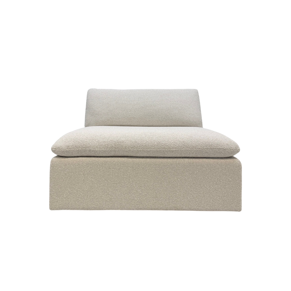 Tempo Modular Armless Chair front view with ivory textured upholstery, a low-profile silhouette, and oversized loose seat and back cushions.