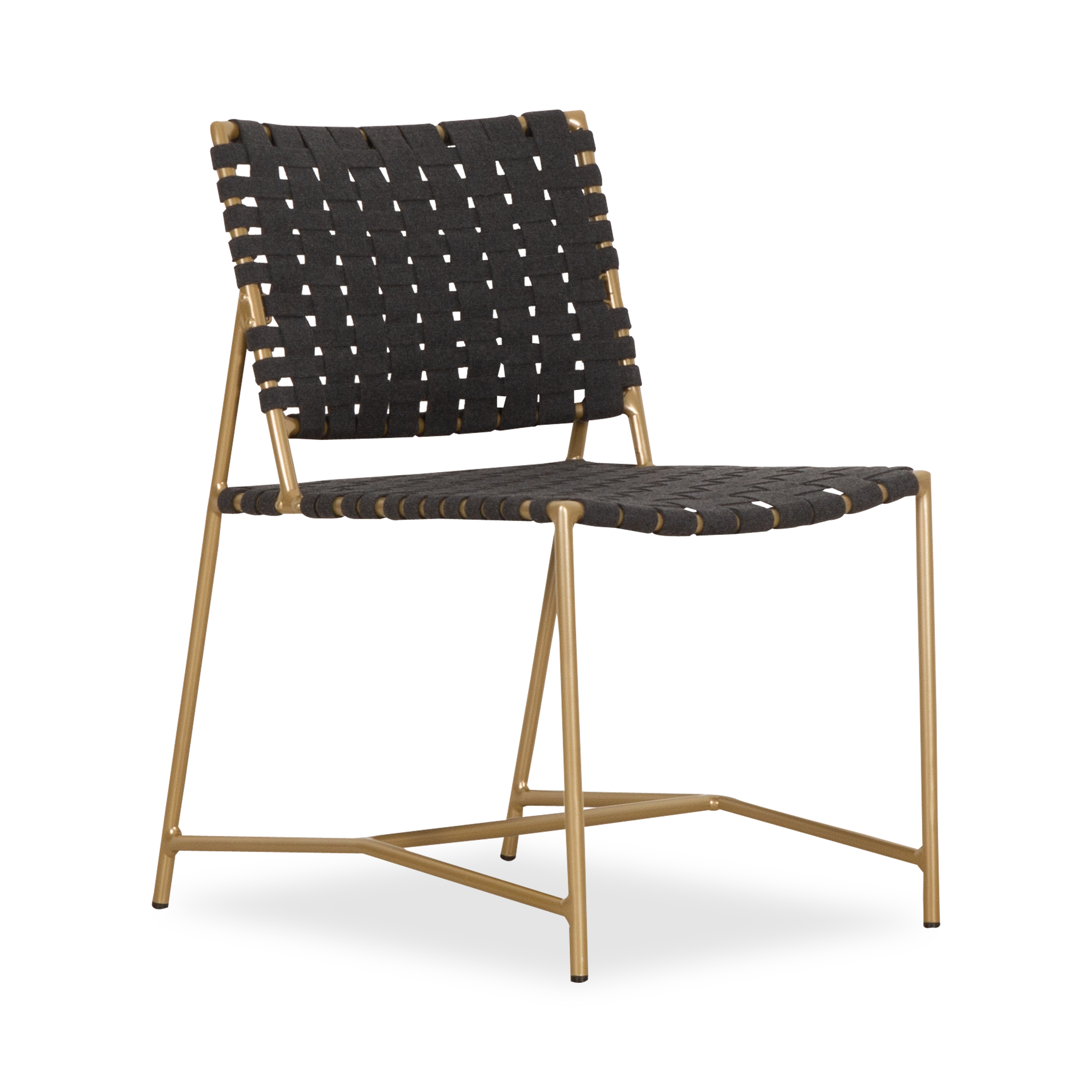 The Stretch Side Chair by Richard Frinier reveals a modern take on vintage Brown Jordan strap designs evolving and elevating previous perceptions about classical strap furniture by