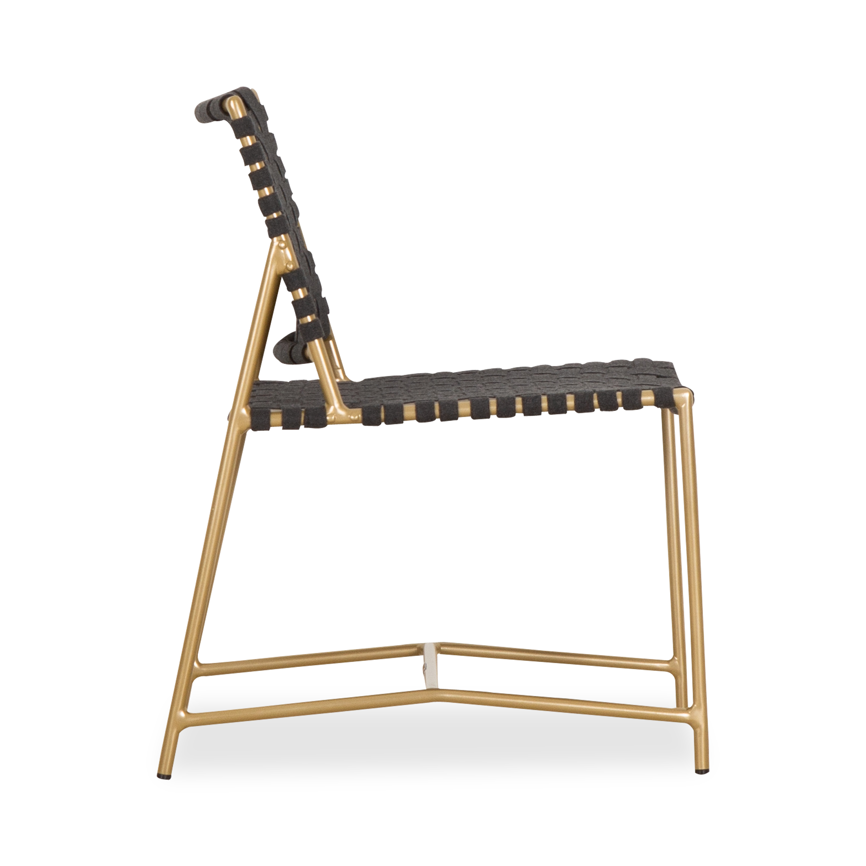 The Stretch Side Chair by Richard Frinier reveals a modern take on vintage Brown Jordan strap designs evolving and elevating previous perceptions about classical strap furniture by