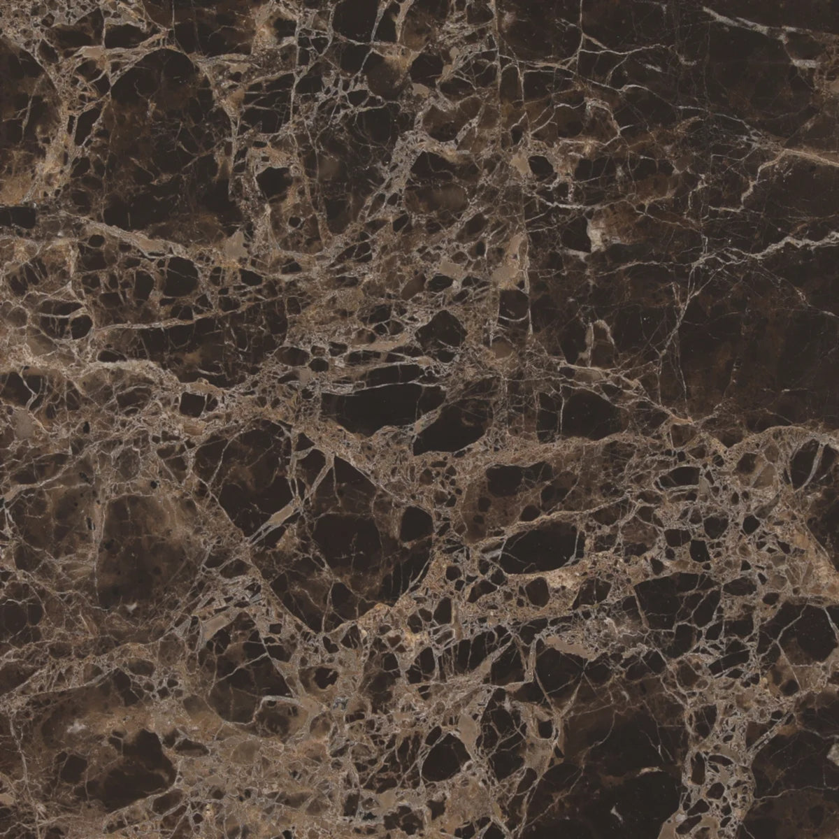 Close-up of the Aldridge Coffee Table dark marble surface, highlighting intricate brown, taupe and cream veining.