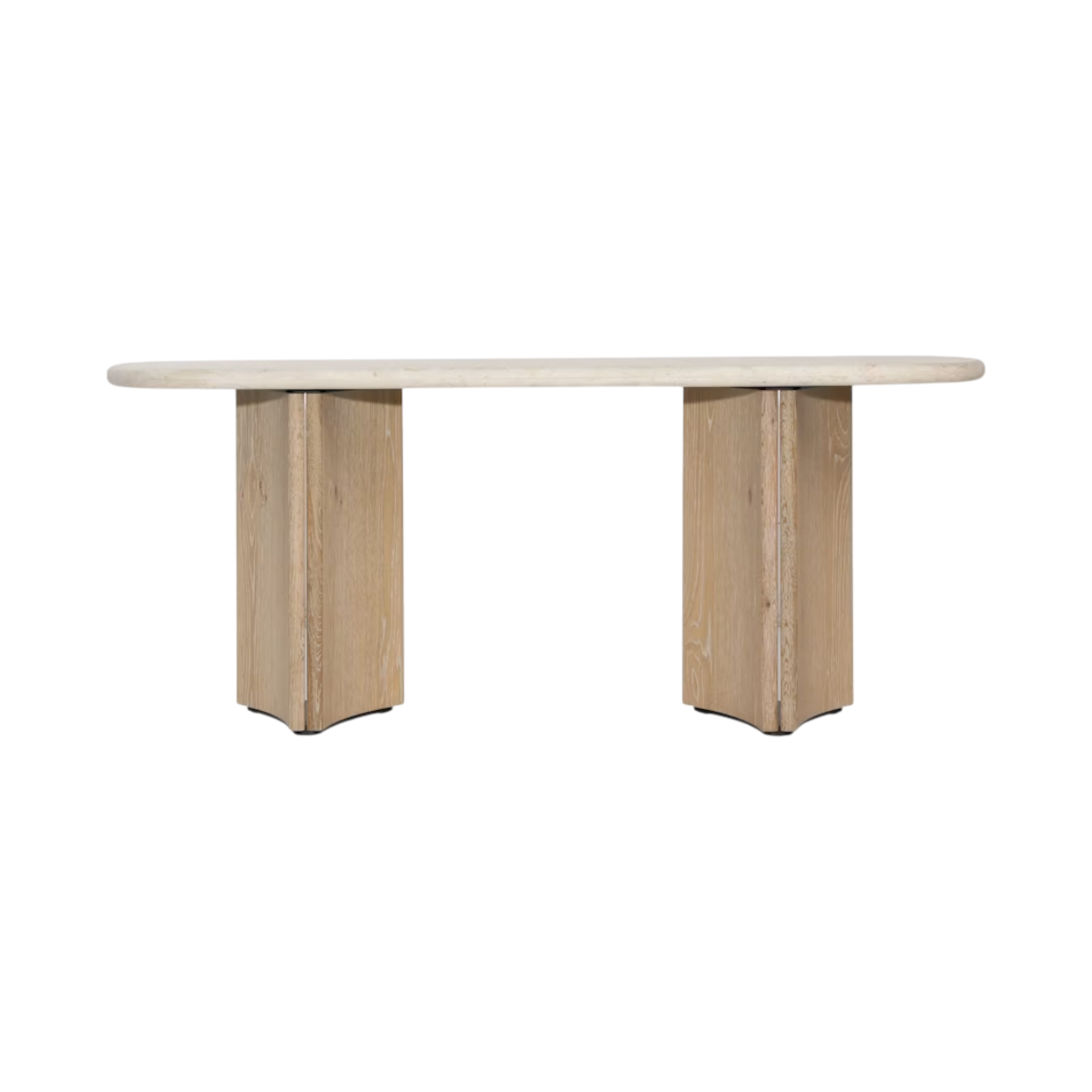 Front view of the Aldridge Console Table, featuring a slim pale stone top and two sculptural light-oak supports with softly curved edges.
