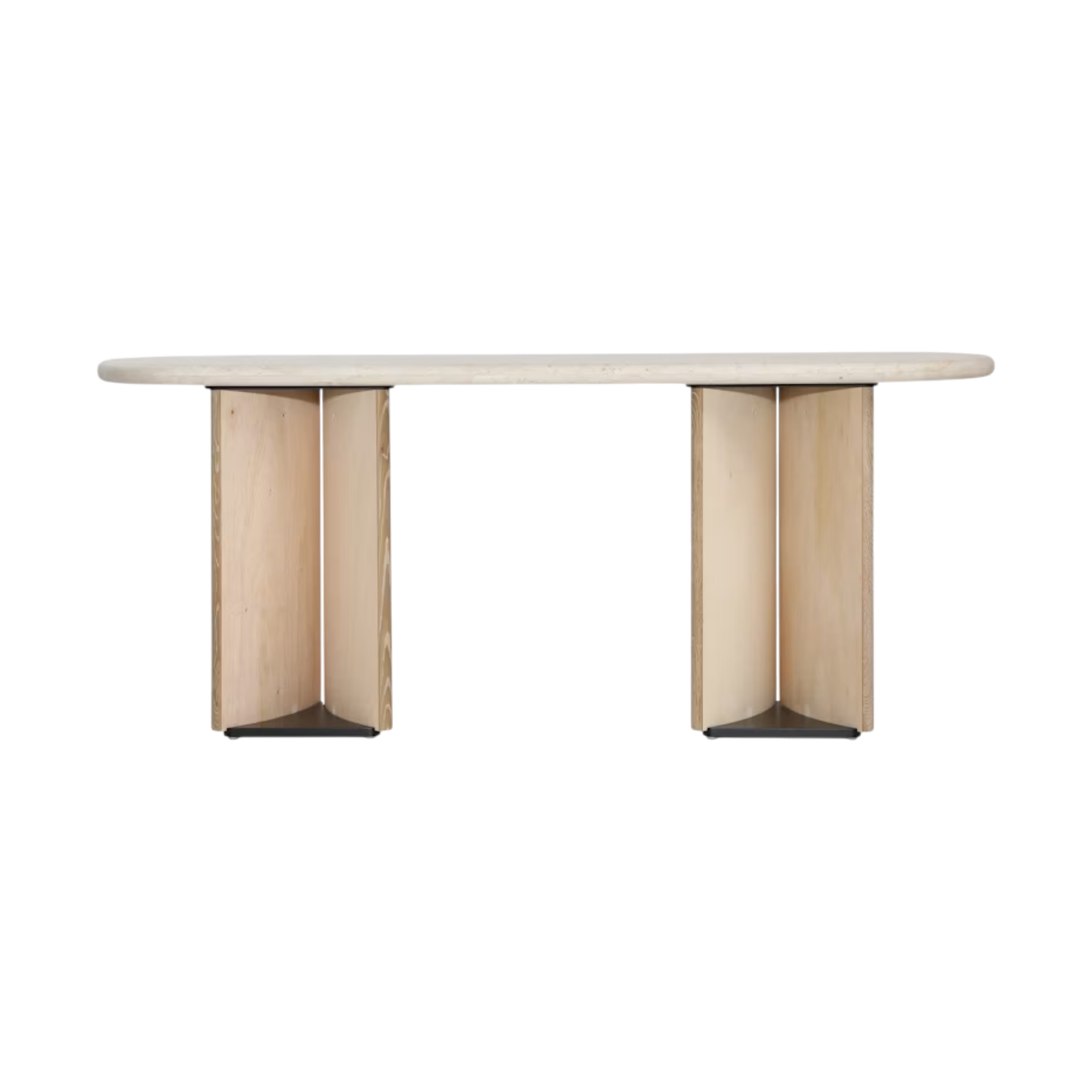 Aldridge Console Table with a long, softly rounded pale stone top supported by two sculptural light-oak bases with curved profiles.