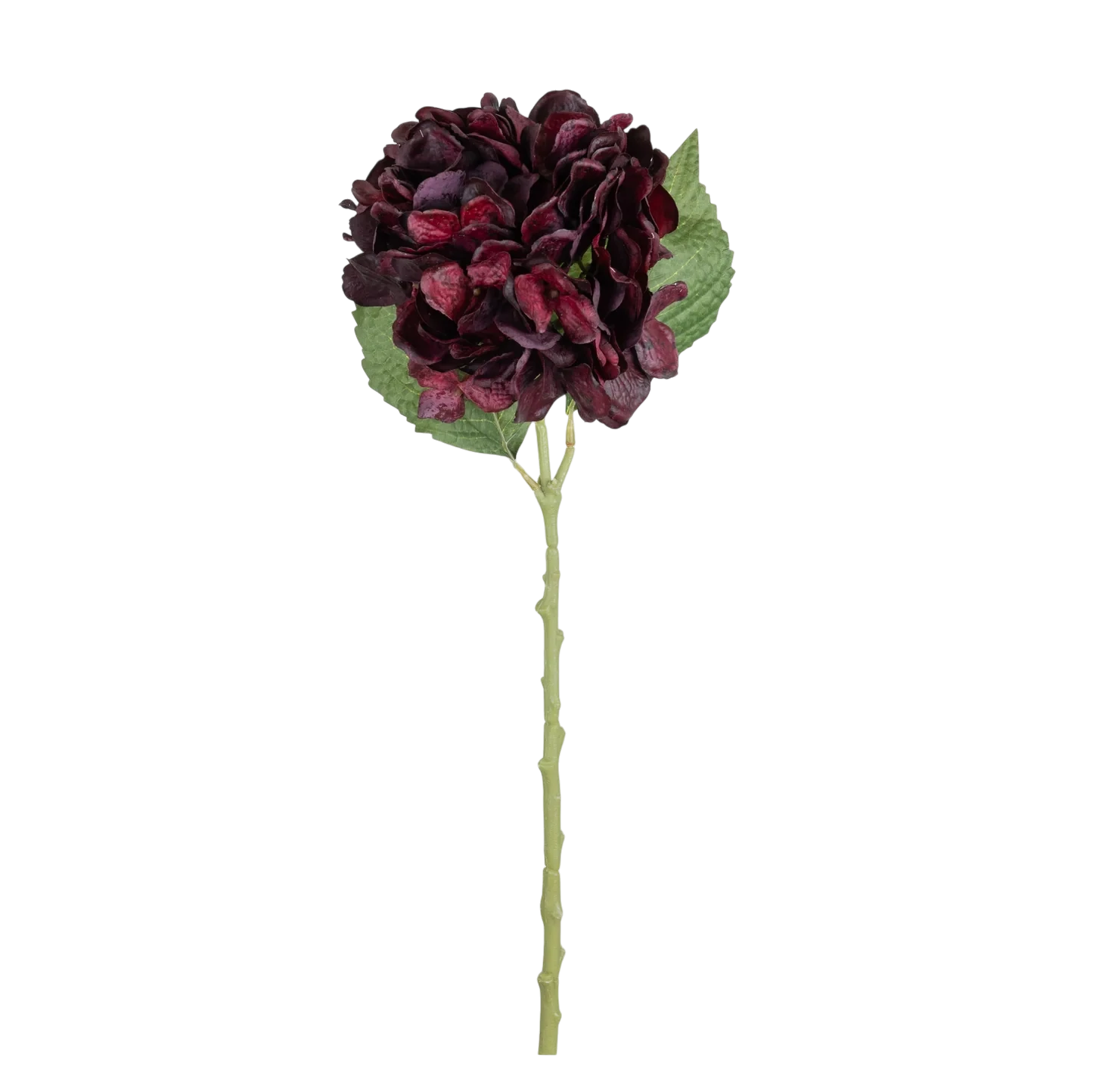 Real Touch Hydrangea Crimson with a full deep crimson and wine-toned bloom, green leaves and a long slender stem.