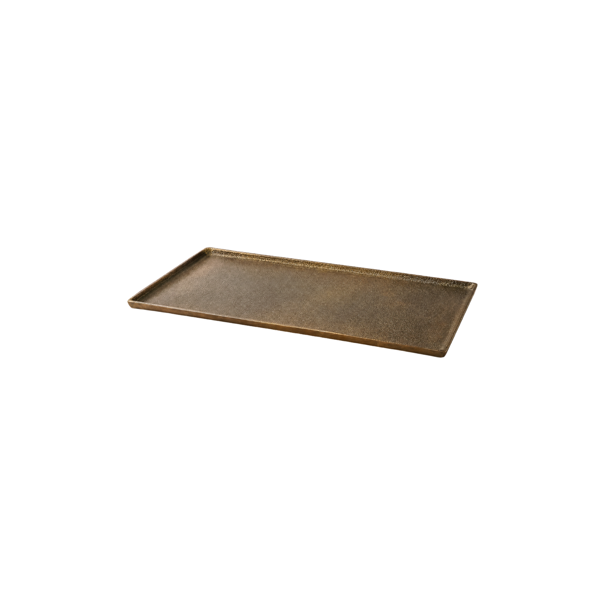 Russell Medium Rectangular Bronze Tray shown at an angle, highlighting its slim profile, textured finish and raised rim.