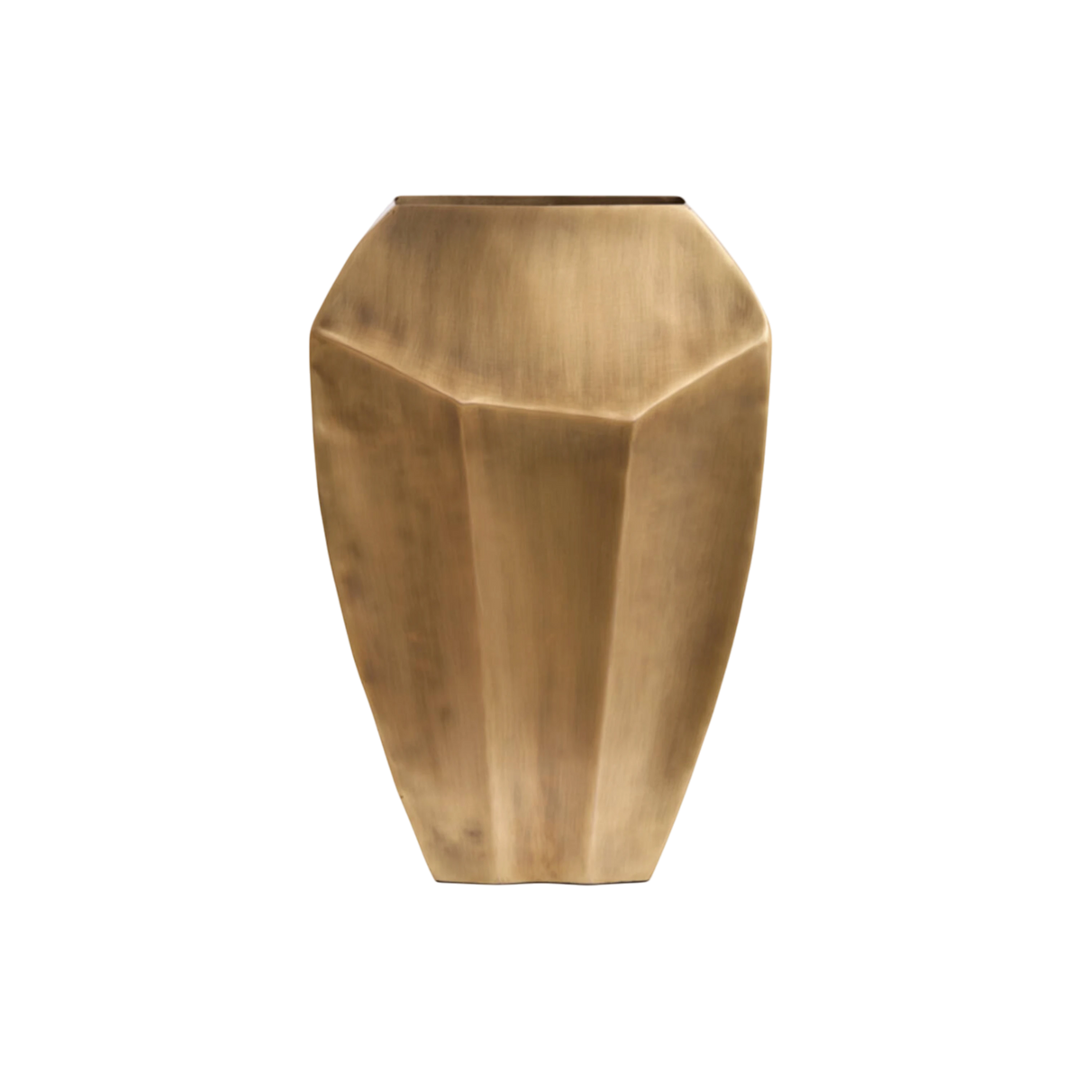 Cordoba Vase in antiqued brass, shown from the front, with a faceted brushed metal body, a flat angular shoulder, and darker patina clouding along the folds.