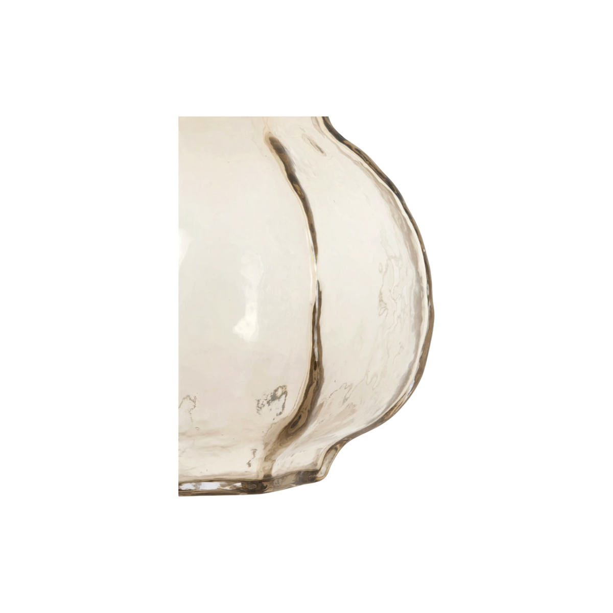 Angled view highlighting the swelling lobes of the smoked champagne glass vase, with darker amber seams between ribs and a gently rippled surface.