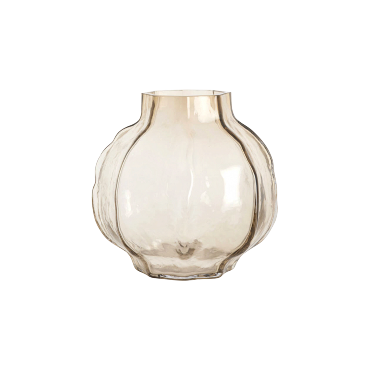 Lobed glass vase in smoked champagne with a hand-formed, rippled texture, shown from the front with rounded vertical ribs and a narrow faceted neck.