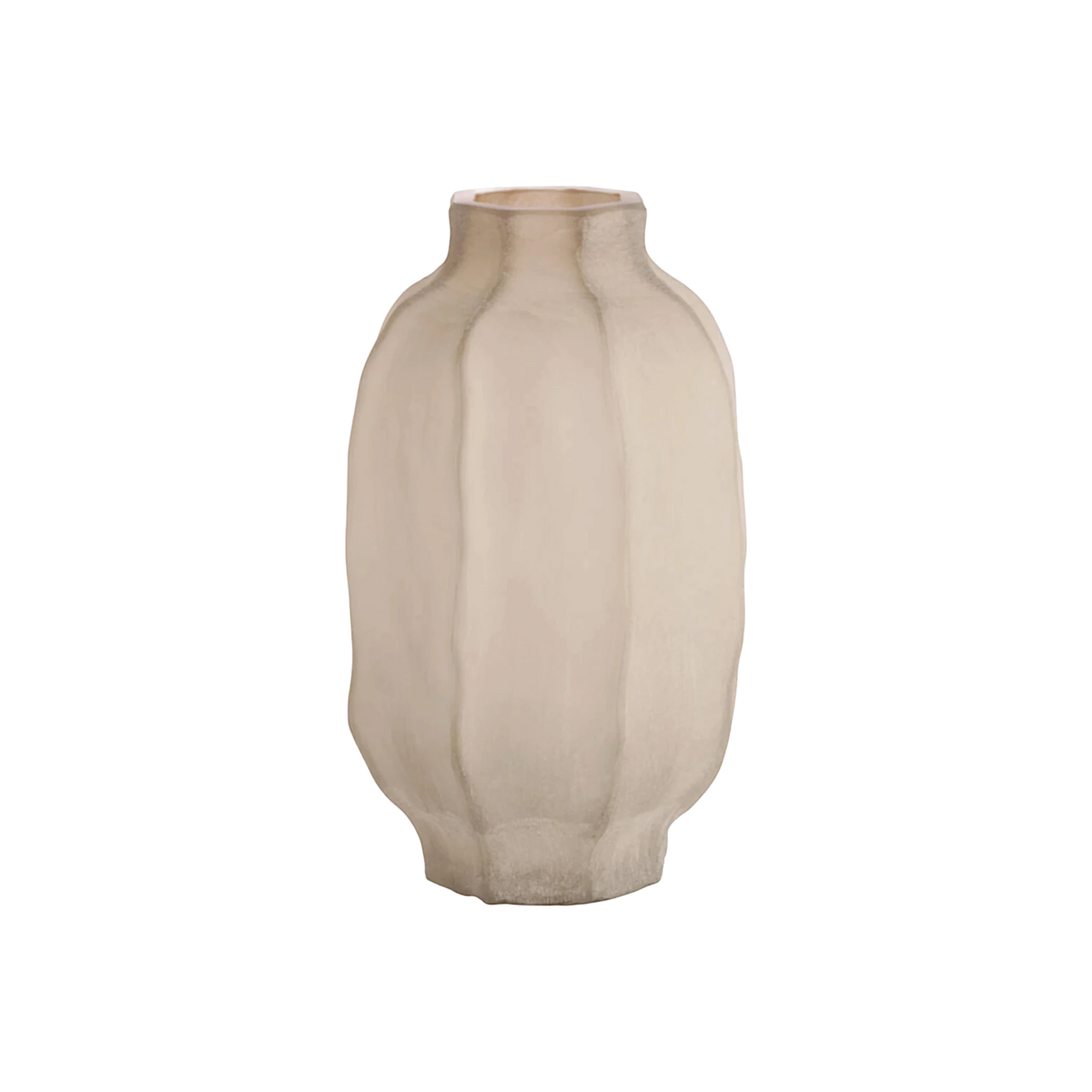 Large lobed glass vase in frosted taupe with a matte, sand-textured surface, shown from the front with tall vertical ribs, a narrow neck, and a gently flared foot.