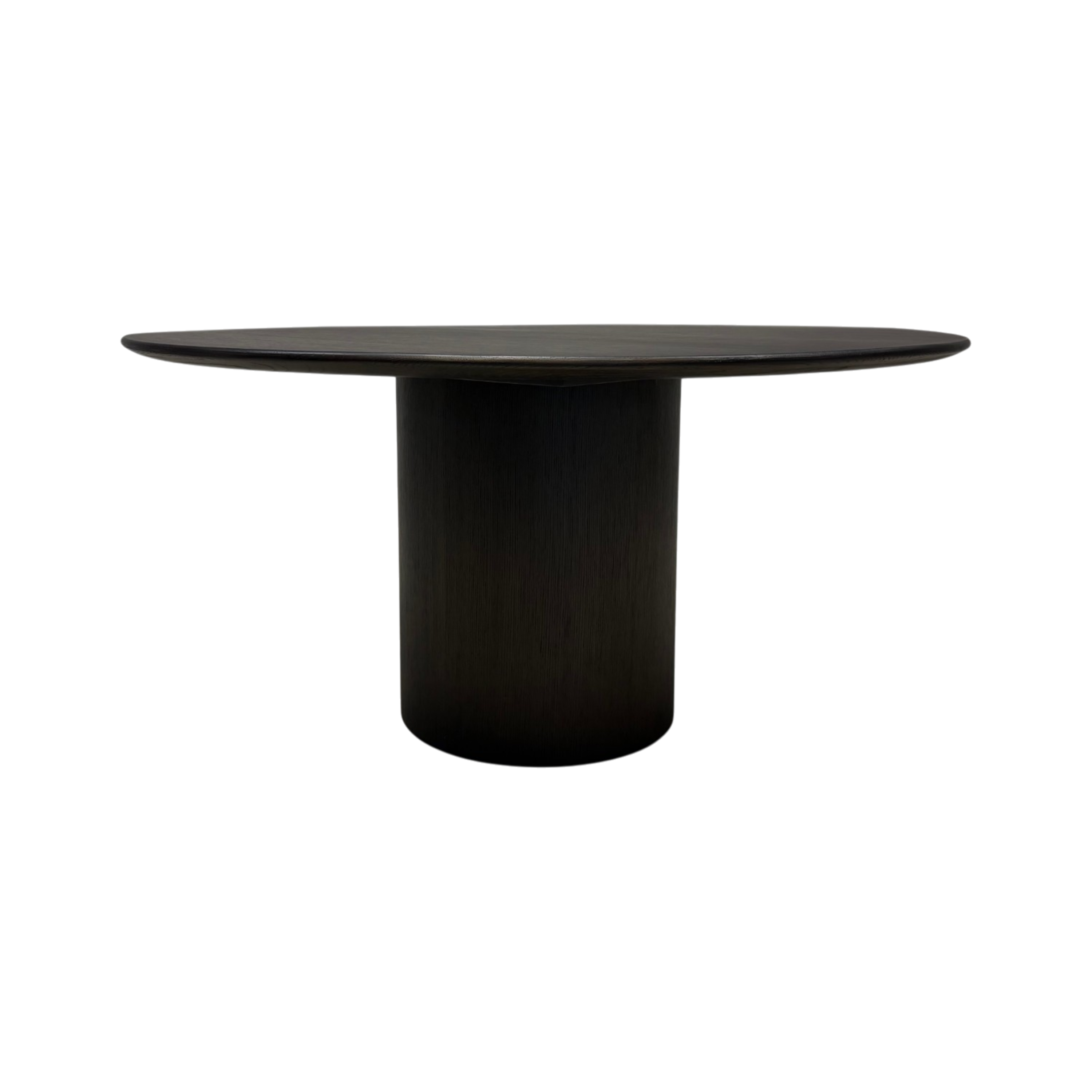 Altar Round Dining Table in dark brown oak with round top and cylindrical pedestal base, front view.
