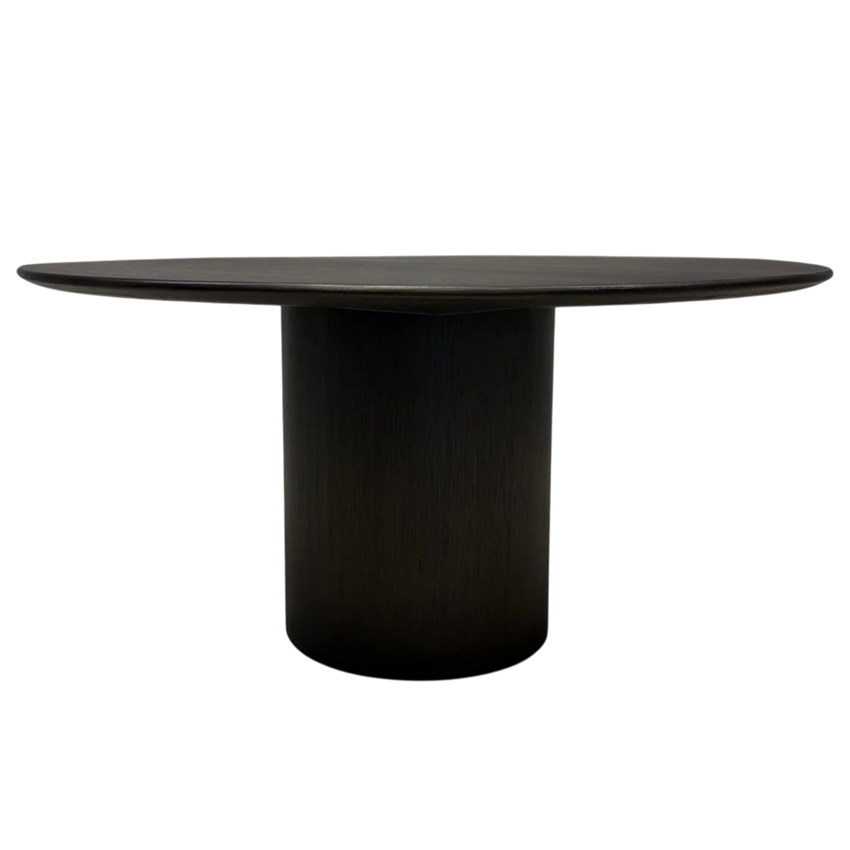 Altar Round Dining Table in dark brown oak with round top and cylindrical pedestal base, front view.