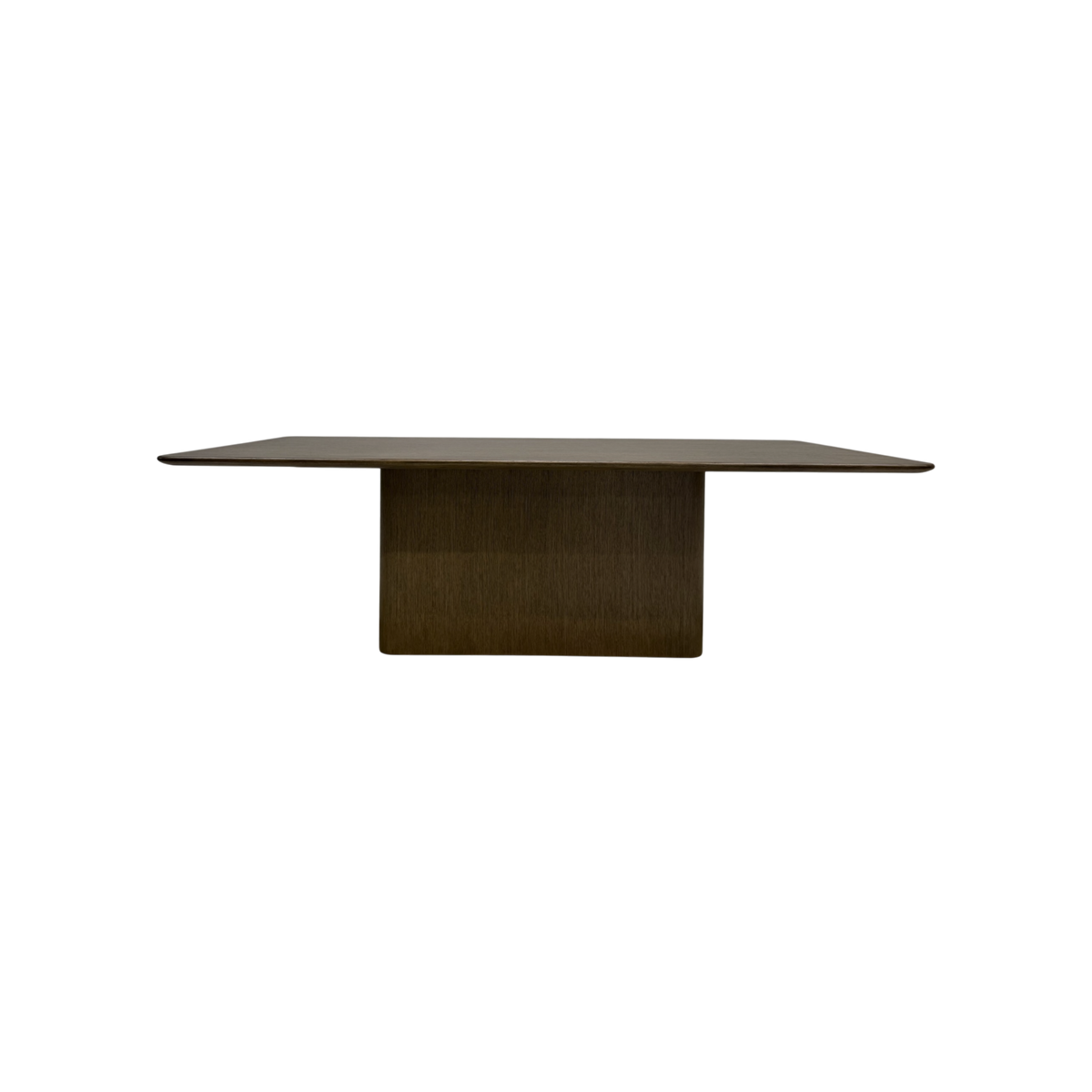 Altar 96-inch Dining Table in dark wood with a long rectangular top, softly rounded edges and a substantial central pedestal base.