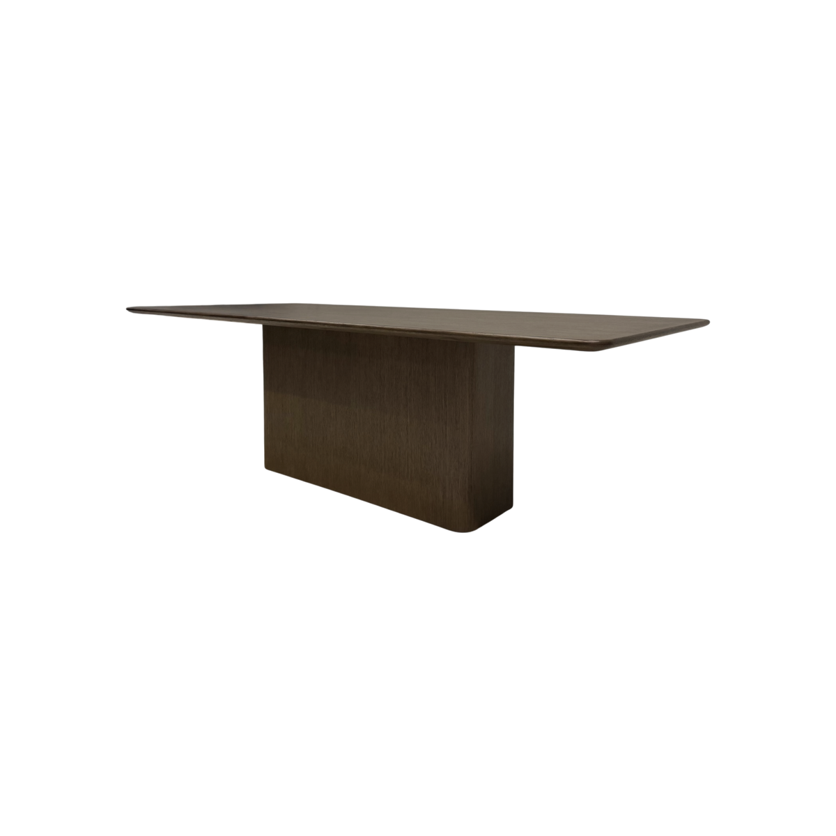 Angled view of the Altar 120-inch Dining Table showing its elongated wood top, gently softened corners and architectural pedestal base.