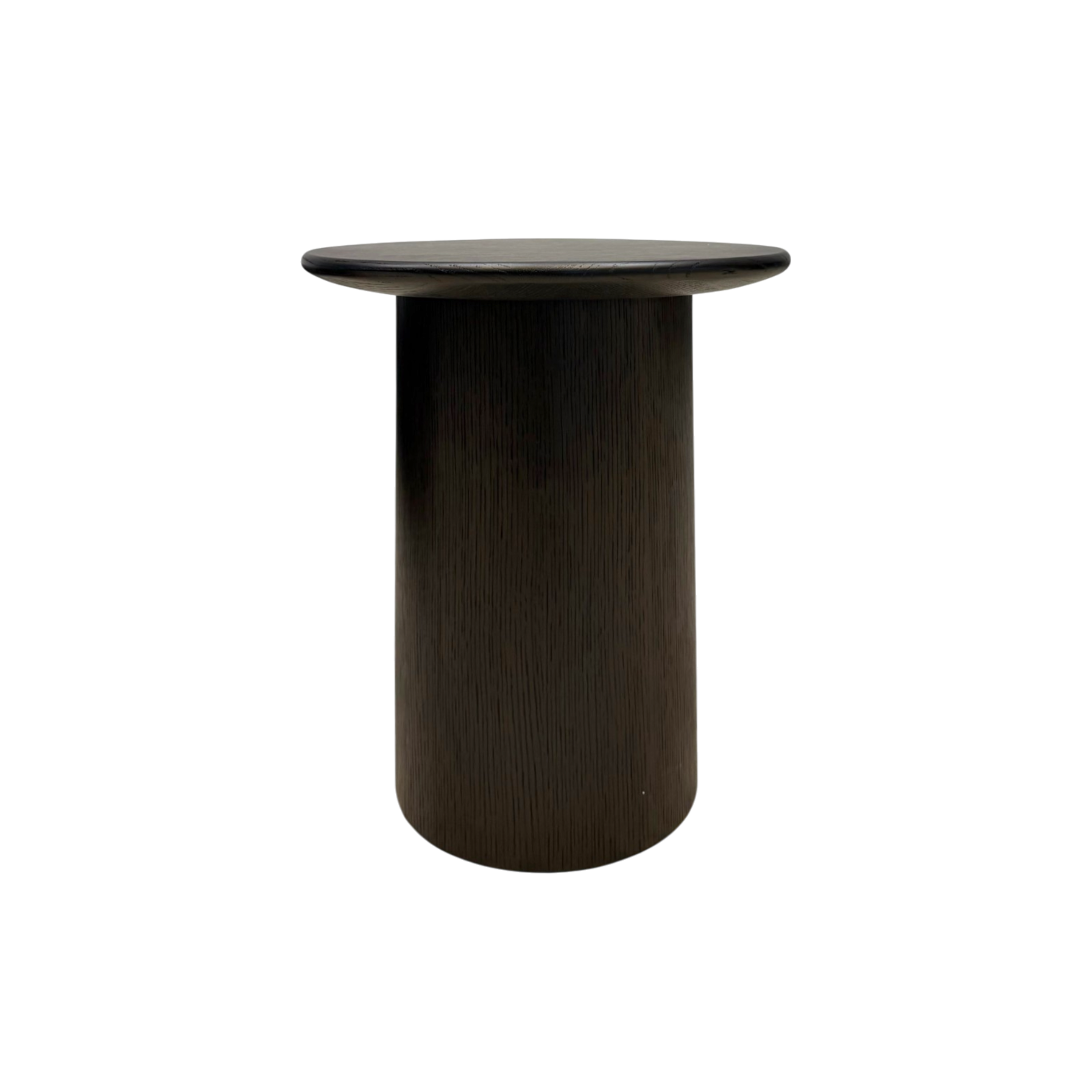 Altar Side Table in dark brown oak with sculptural pedestal form, straight-on view.