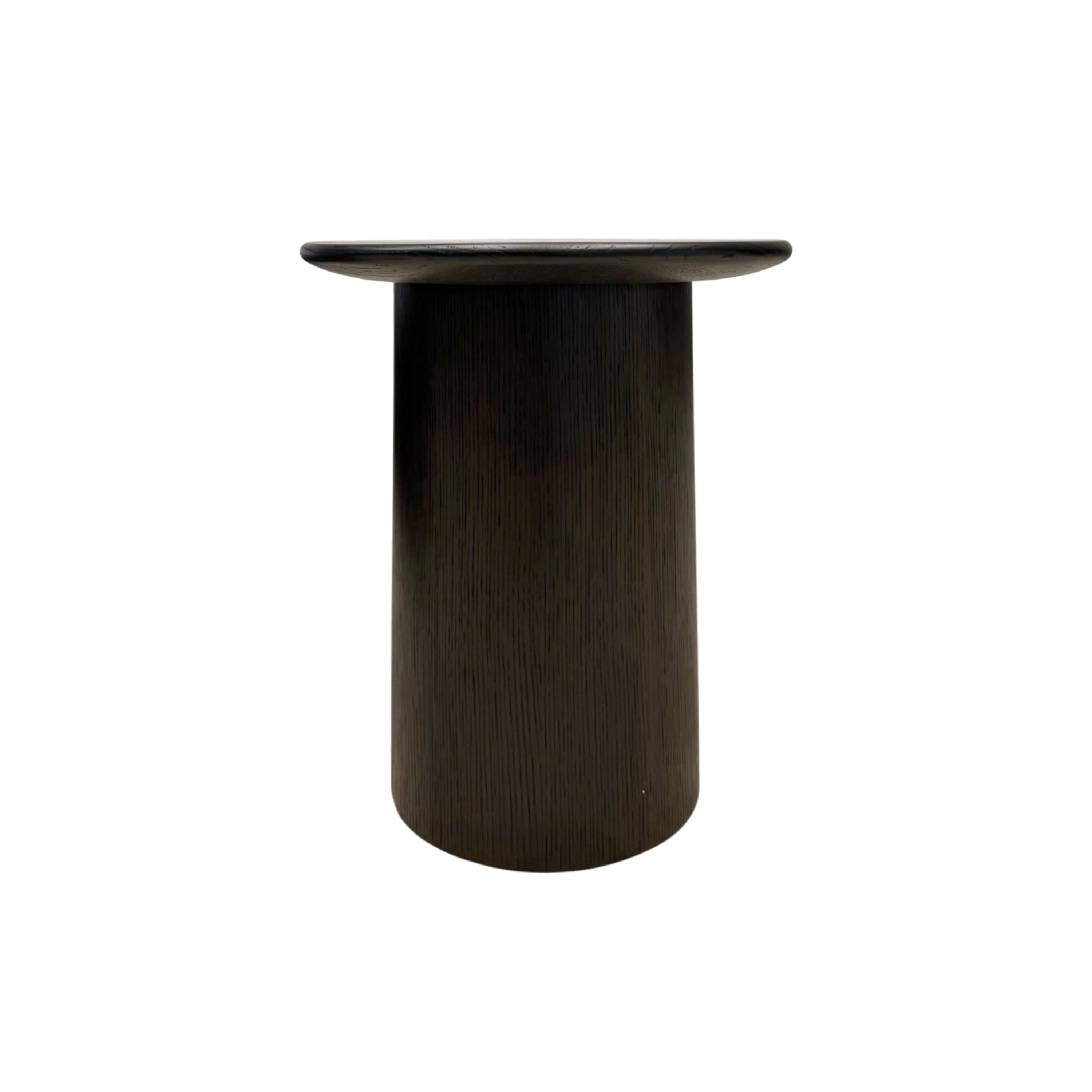 Altar Side Table in dark brown oak with round top and cylindrical pedestal base, angled front view.