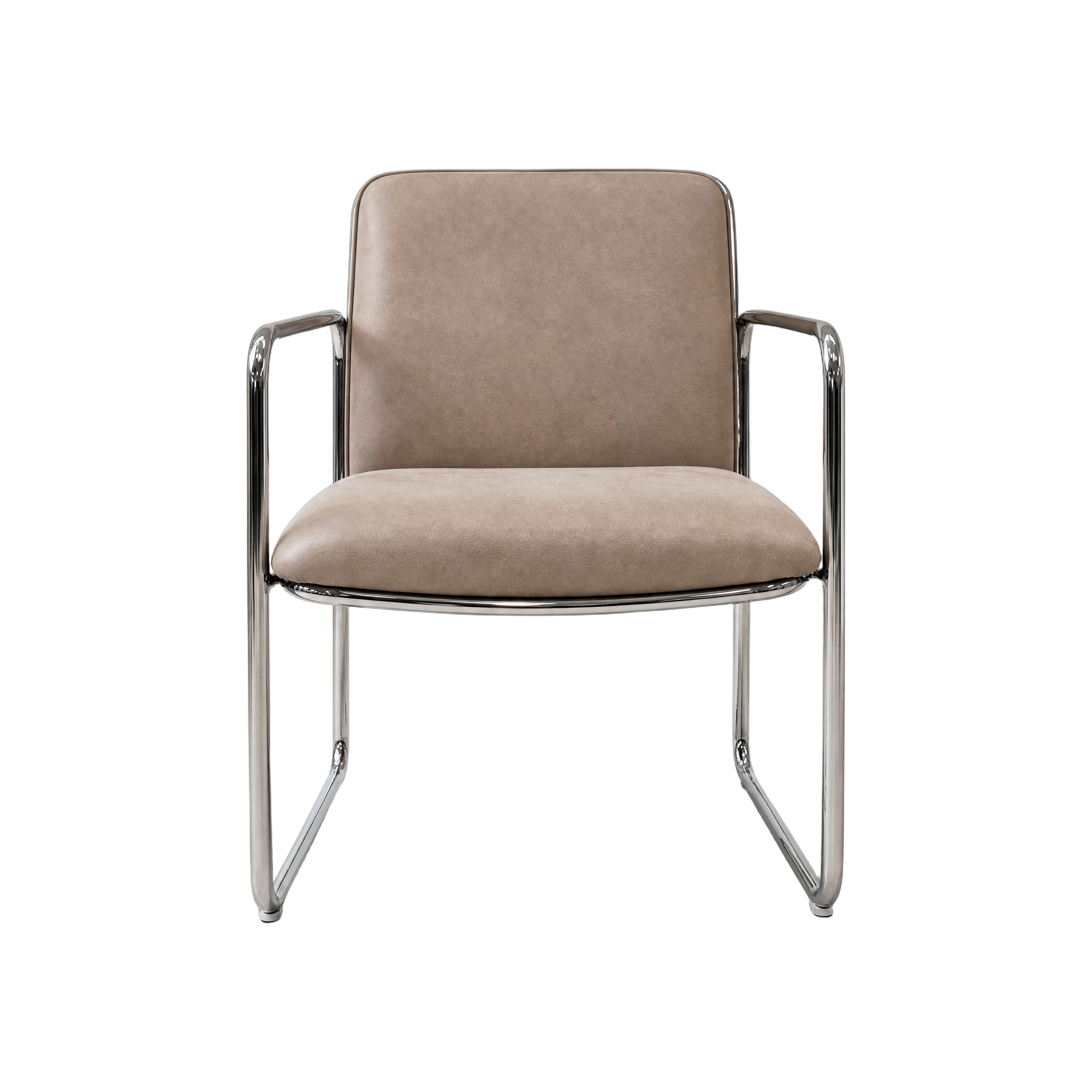 A modern accent chair with a light beige upholstered seat and backrest, supported by a sleek chrome metal frame, shown against a plain white background.
