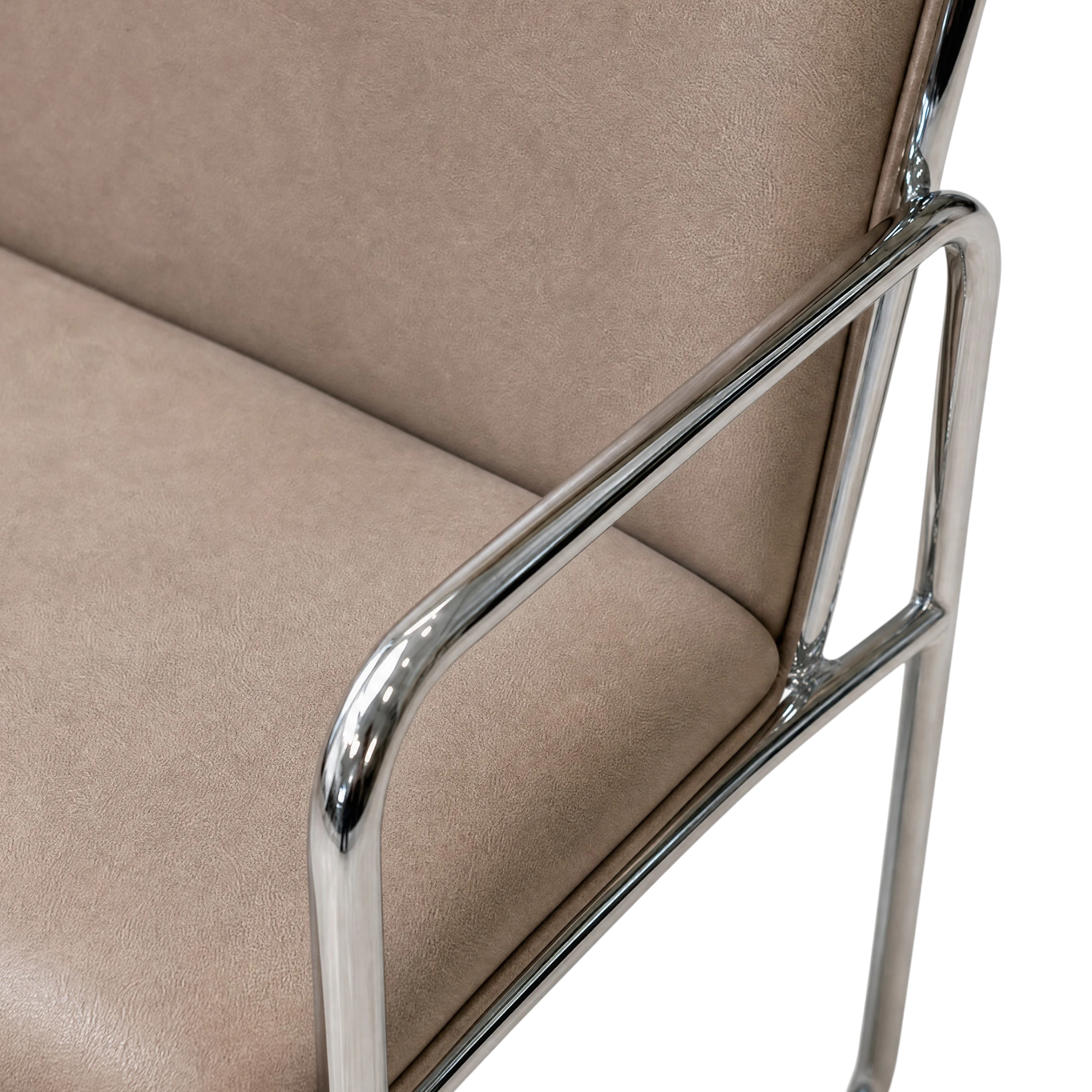 Close-up of a modern chair corner showing a beige upholstered seat and back with a polished chrome metal armrest frame on a white background.