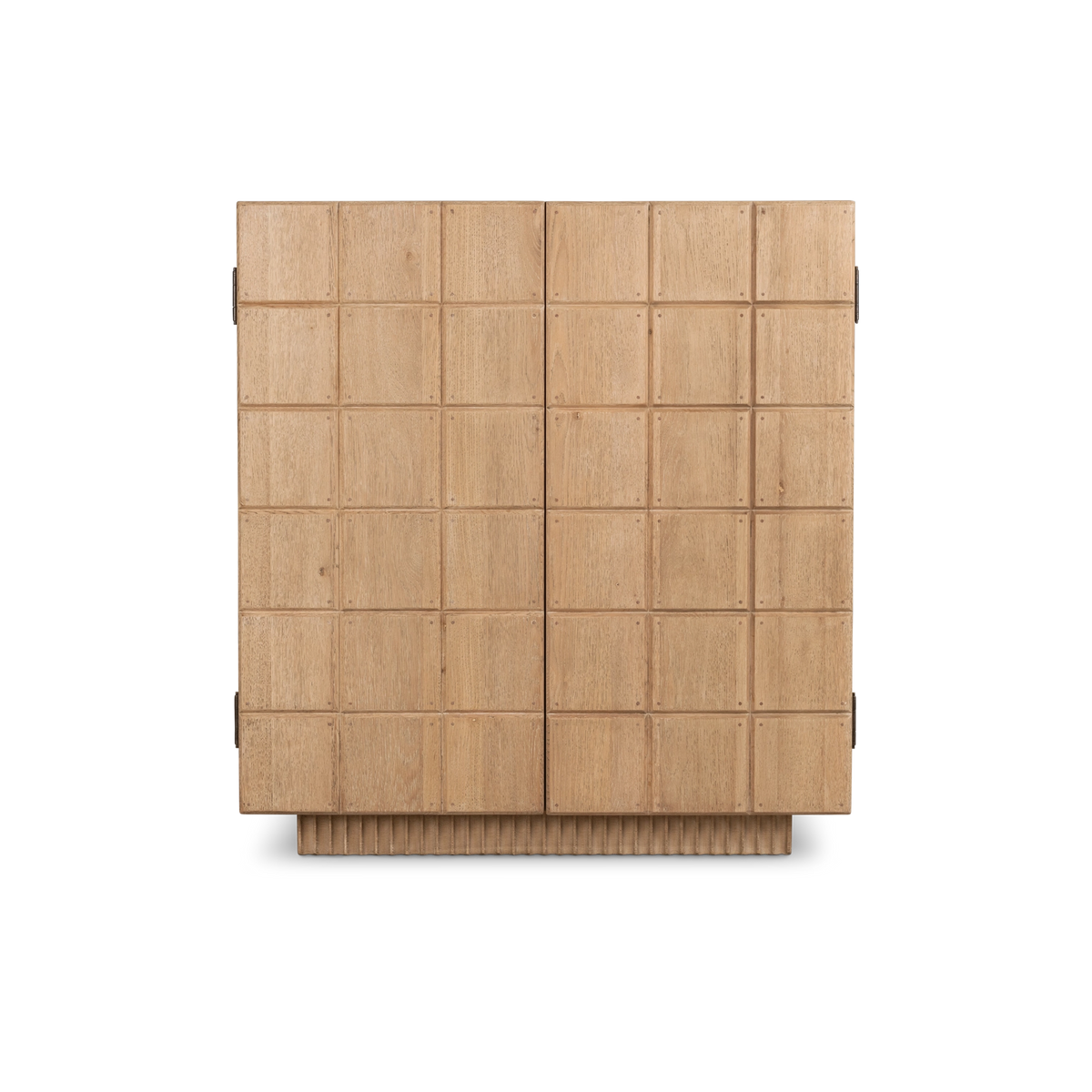 Rosedale Cabinet shown straight from the front in light tan oak, with two doors covered in a grid of raised square panels above a fluted plinth.