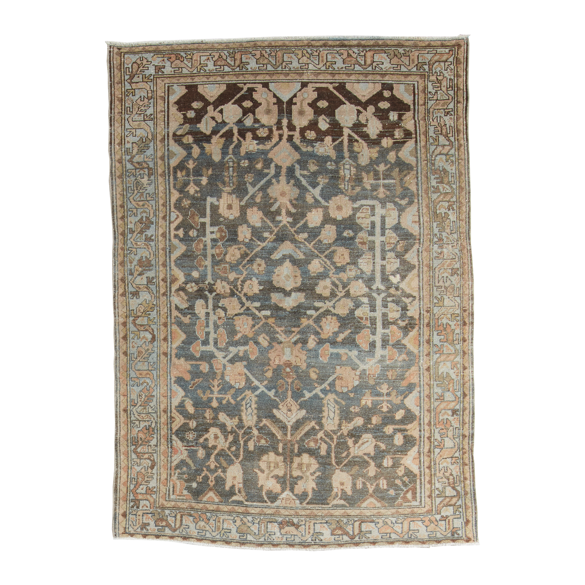 A rectangular vintage-style area rug with an intricate floral and geometric pattern, featuring a muted blue-gray center field, beige and cream motifs, and a dark brown border, shown flat against a white background.