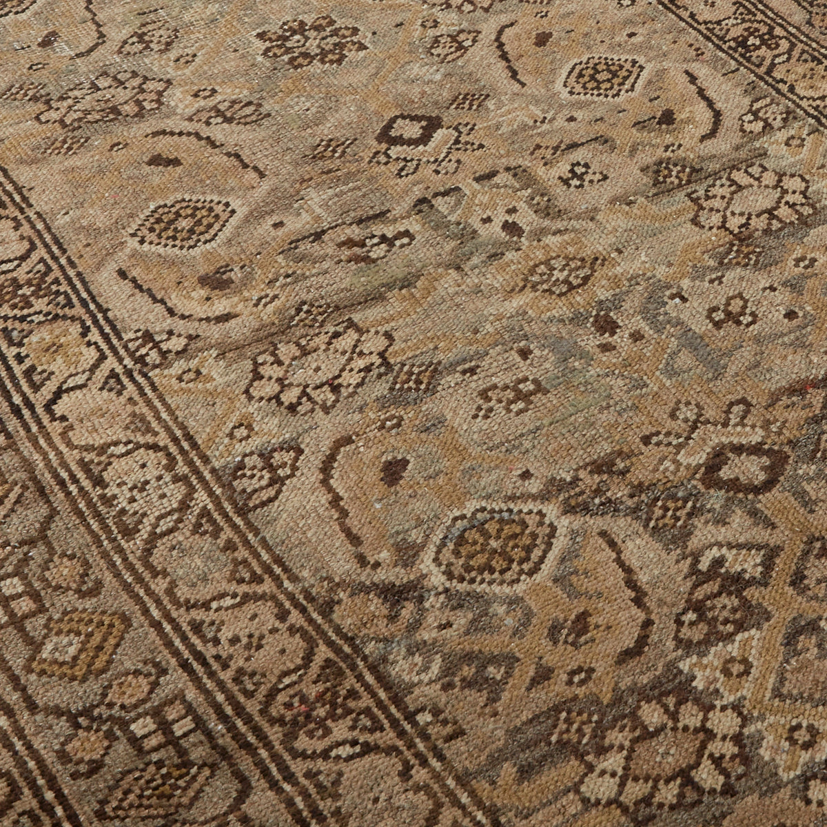 A close-up of a traditional patterned area rug with an intricate floral and geometric design in shades of beige, brown, and muted gray.