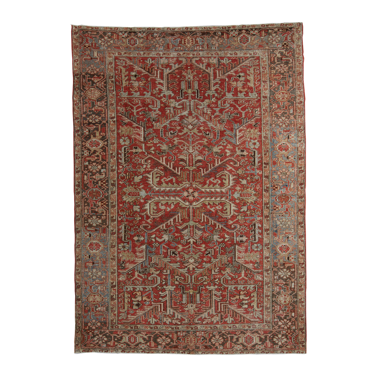 A traditional Persian-style area rug with a complex geometric and floral pattern, featuring a dominant red field, beige and blue-gray details, and a dark border.