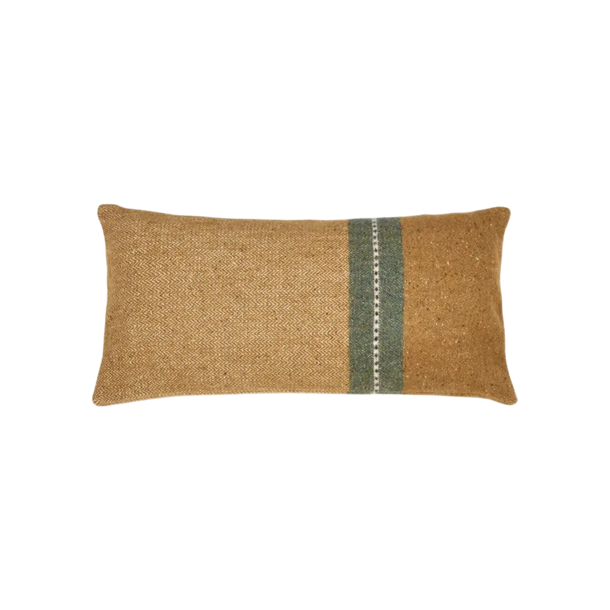 Montana Pillow shown from the front in gold heathered weave, highlighting the off-center sage green stripe, cross-stitch trim, and pointed corners.