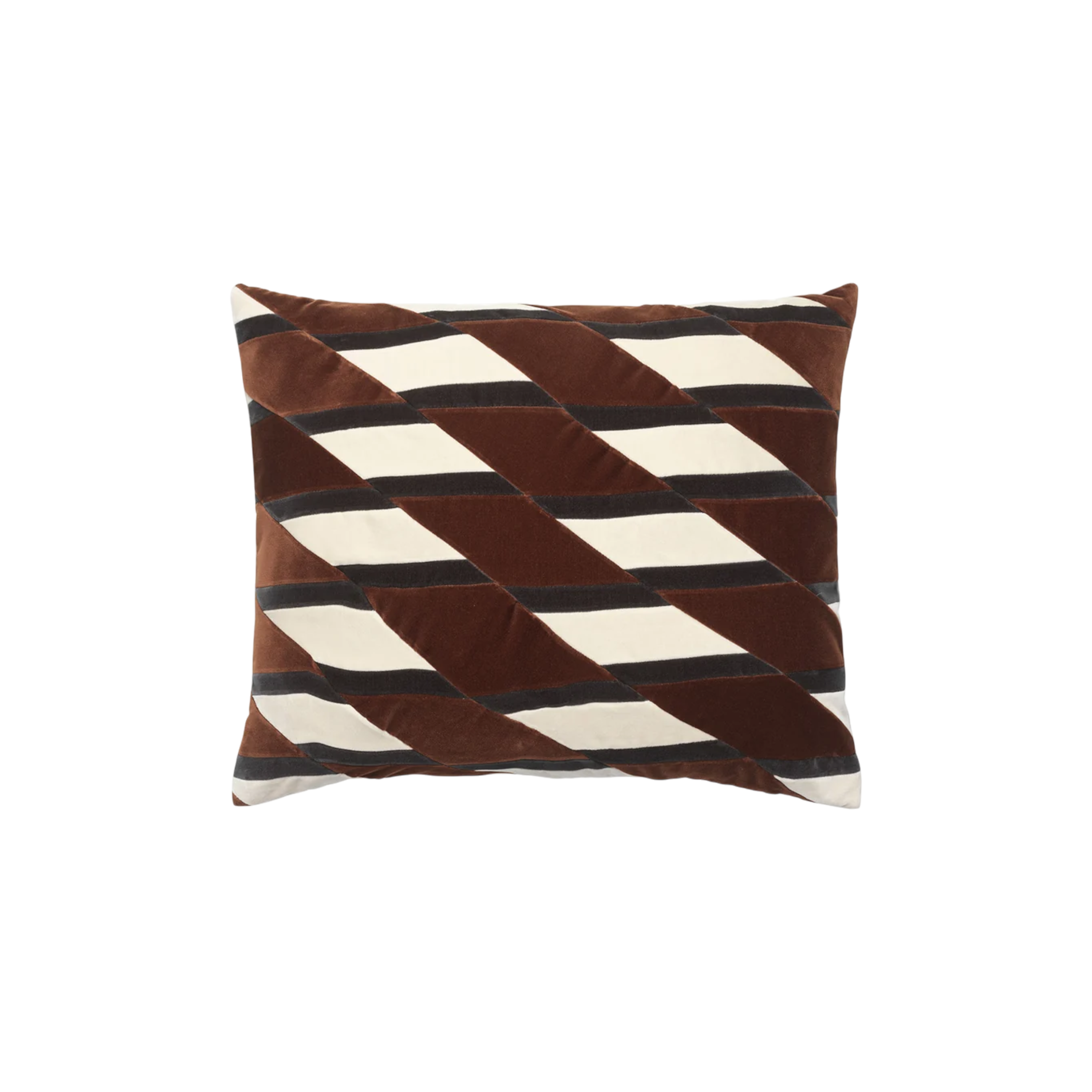 Layla Pillow 20x24 sierra, featuring interwoven diagonal bands in warm brown, ivory and deep charcoal with a soft, subtly lustrous finish.