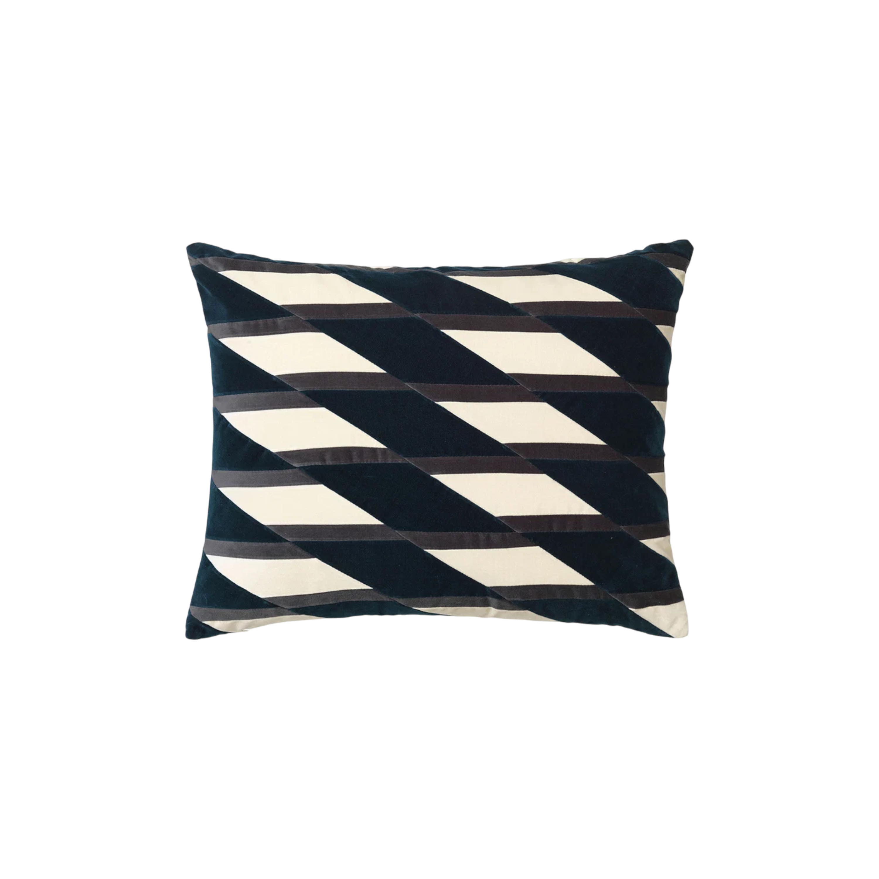 Layla Pillow 20x24 in petrol, featuring interlaced diagonal bands in deep petrol and ivory with slender charcoal stripes and a soft, subtly lustrous finish.